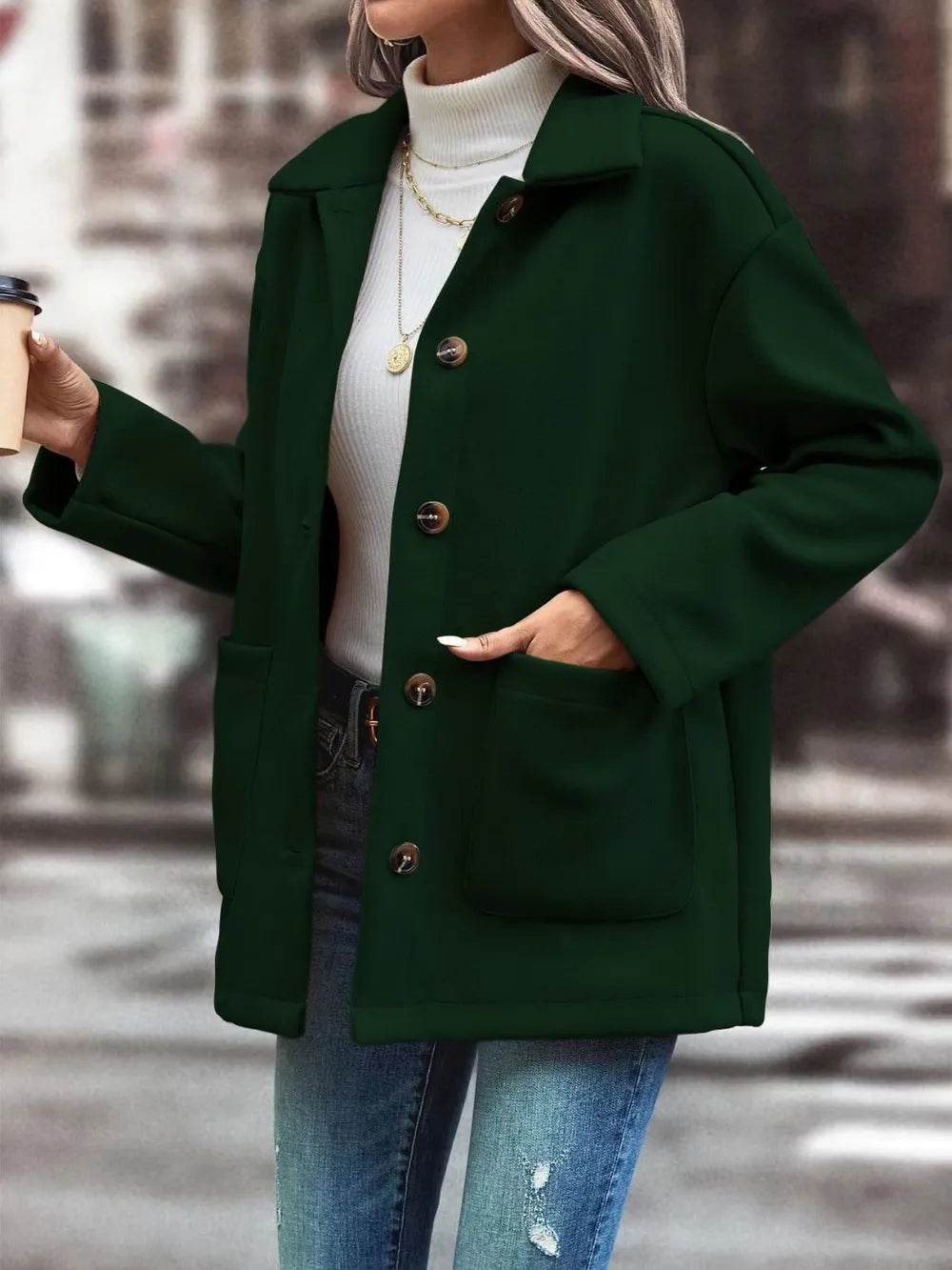 Pocketed Collared Neck Button Up Jacket - ELY VESSA LLC