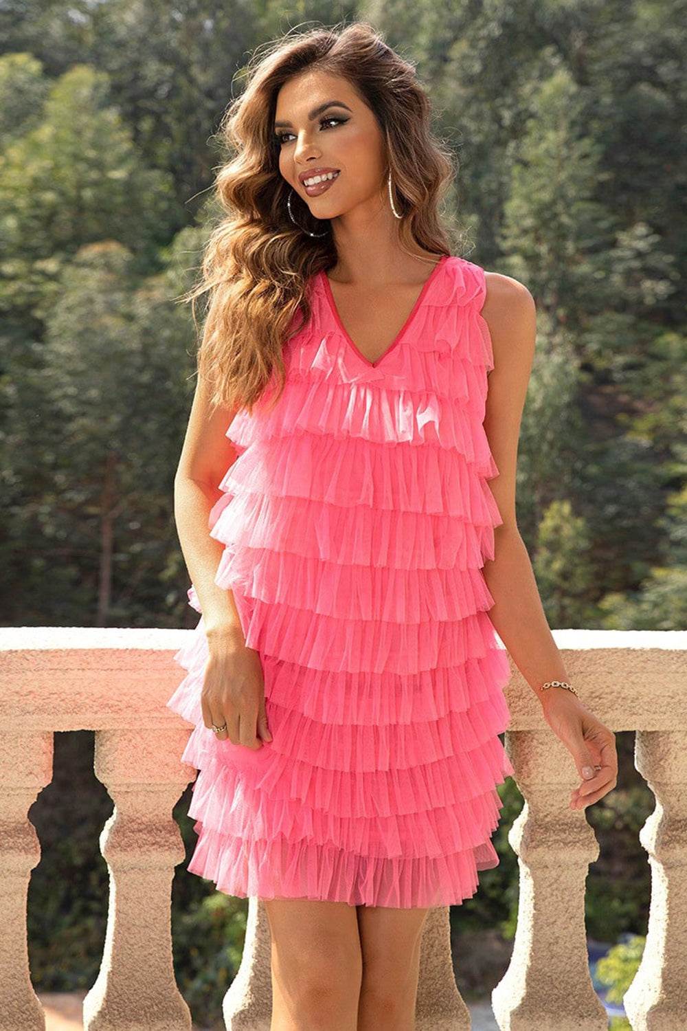 V-Neck Tiered Sleeveless Mesh Dress - ELY VESSA LLC