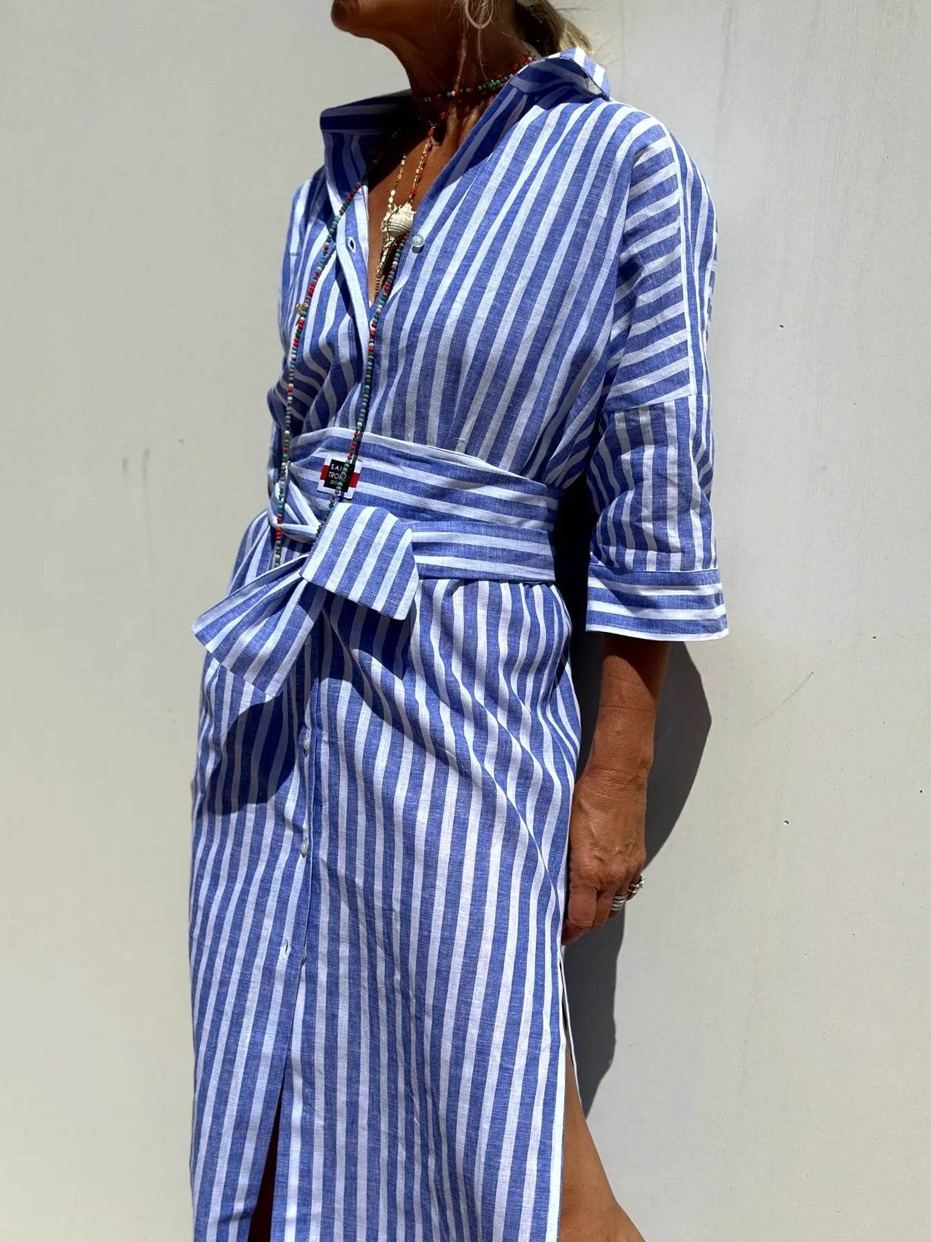 Striped Long Sleeve Shirt Dress - ELY VESSA LLC