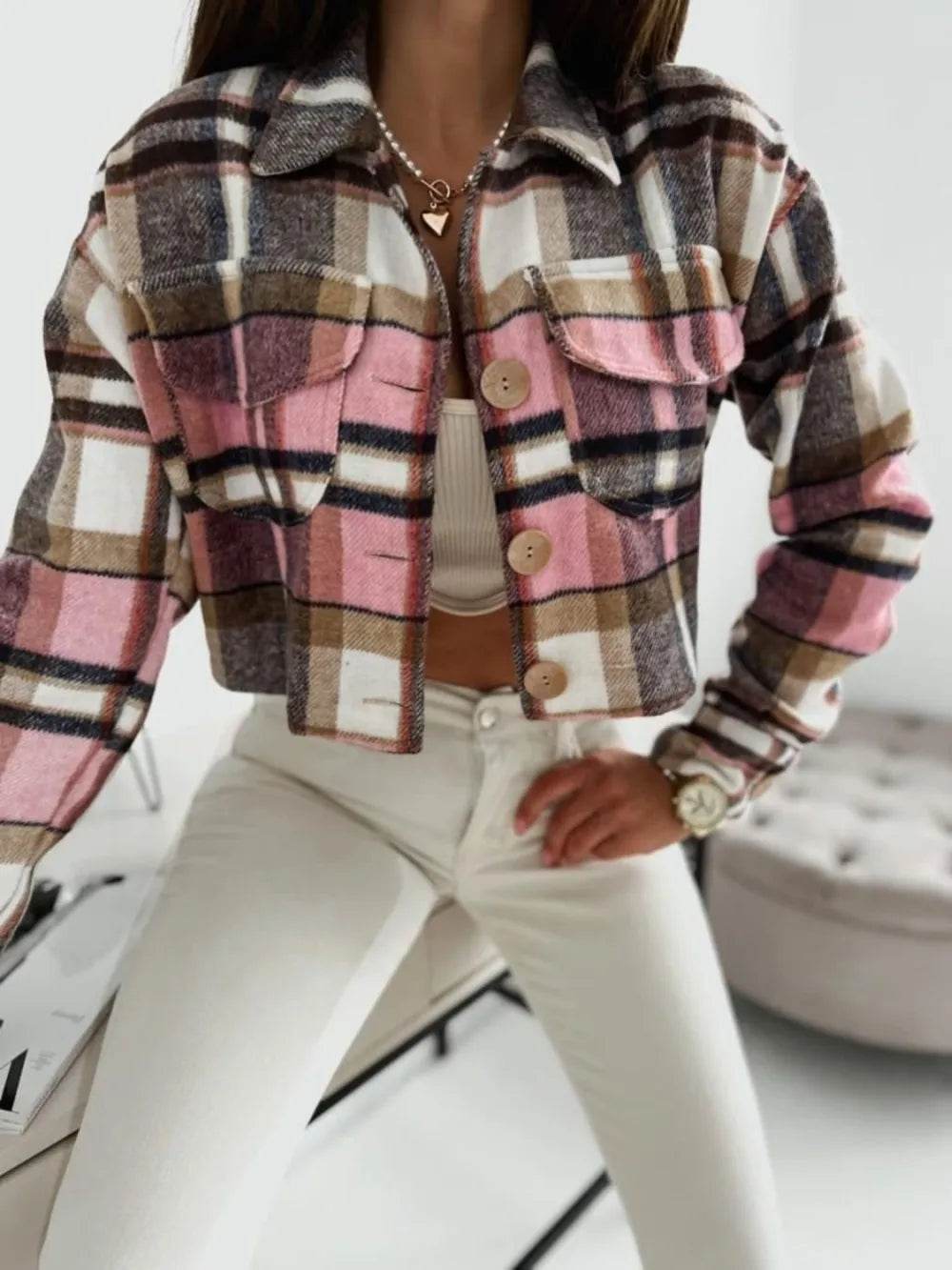 Pocketed Collared Neck Long Sleeve Plaid Jacket - ELY VESSA LLC