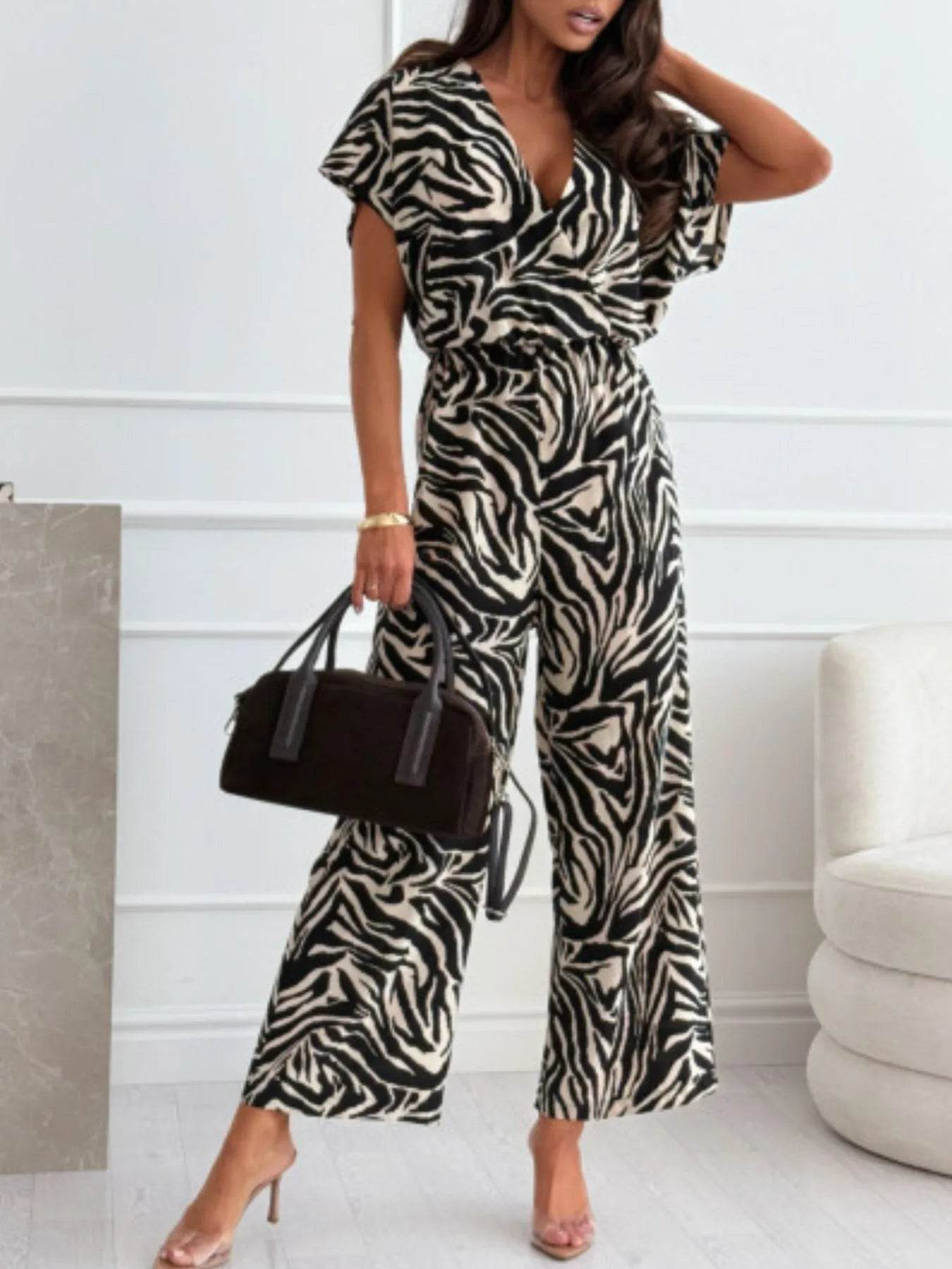 Animal Print Wide Leg Jumpsuit - ELY VESSA LLC
