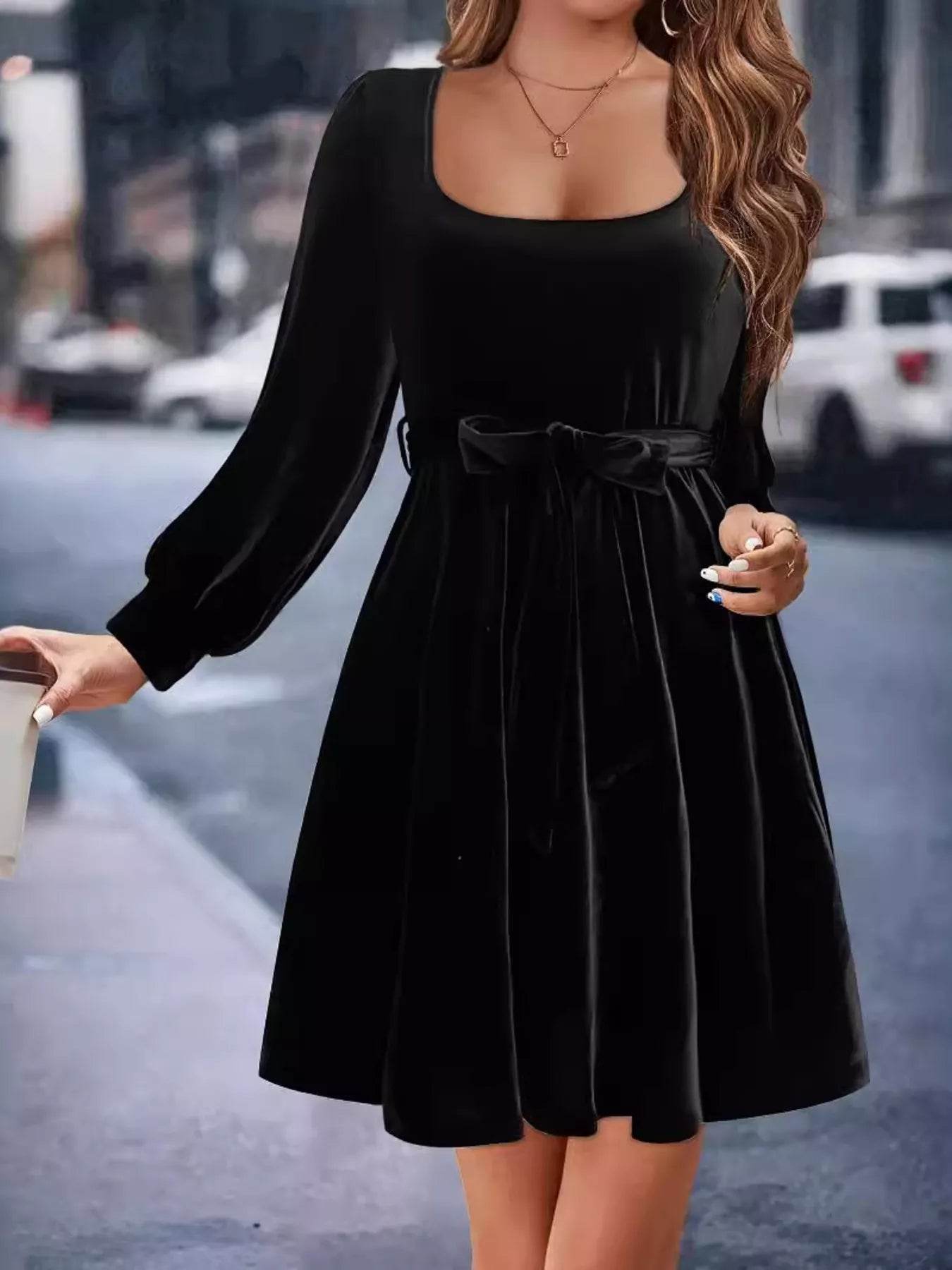 Velvet Long Sleeve A-Line Dress - ELY VESSA LLC