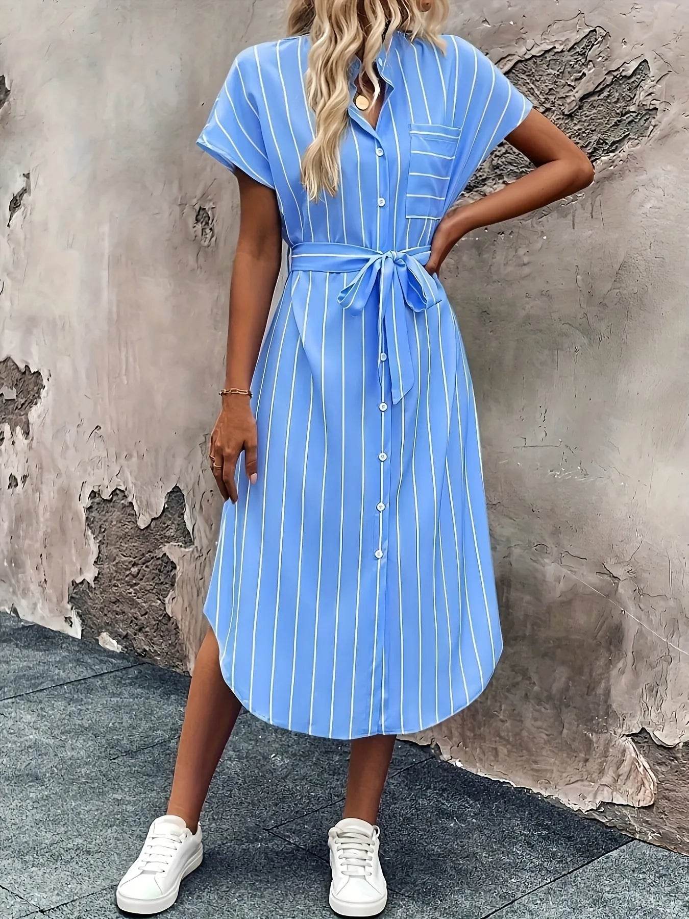 Striped Button-Down Shirt Dress - ELY VESSA LLC