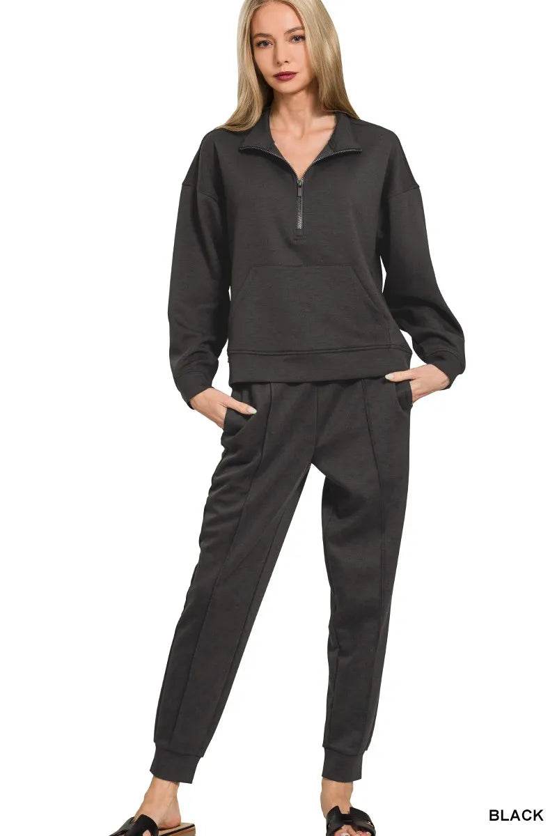 Zenana Scuba Half Zip Sweatshirt and Joggers Set - ELY VESSA LLC