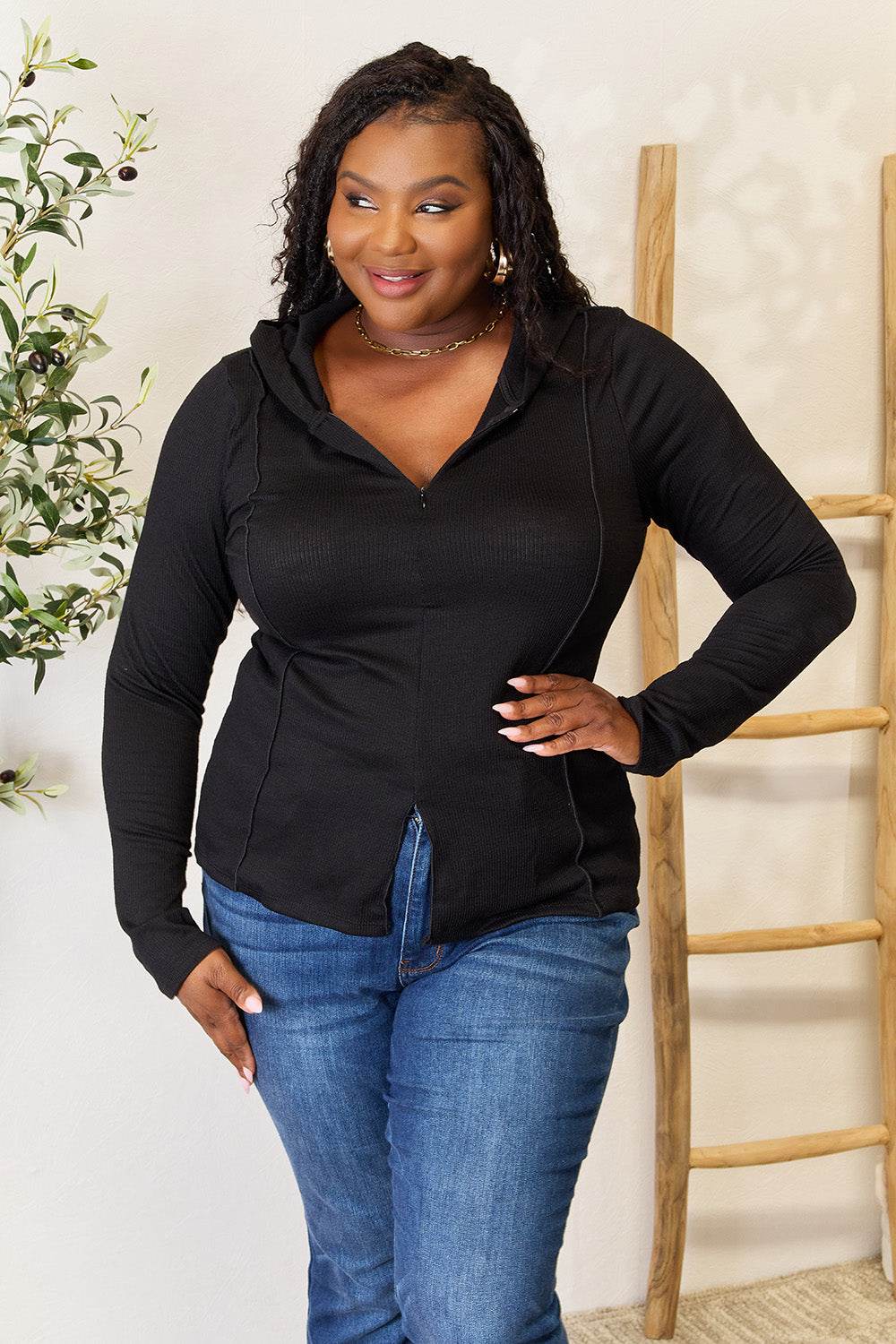 Culture Code Full Size Exposed Seam Long Sleeve Hoodie - ELY VESSA LLC