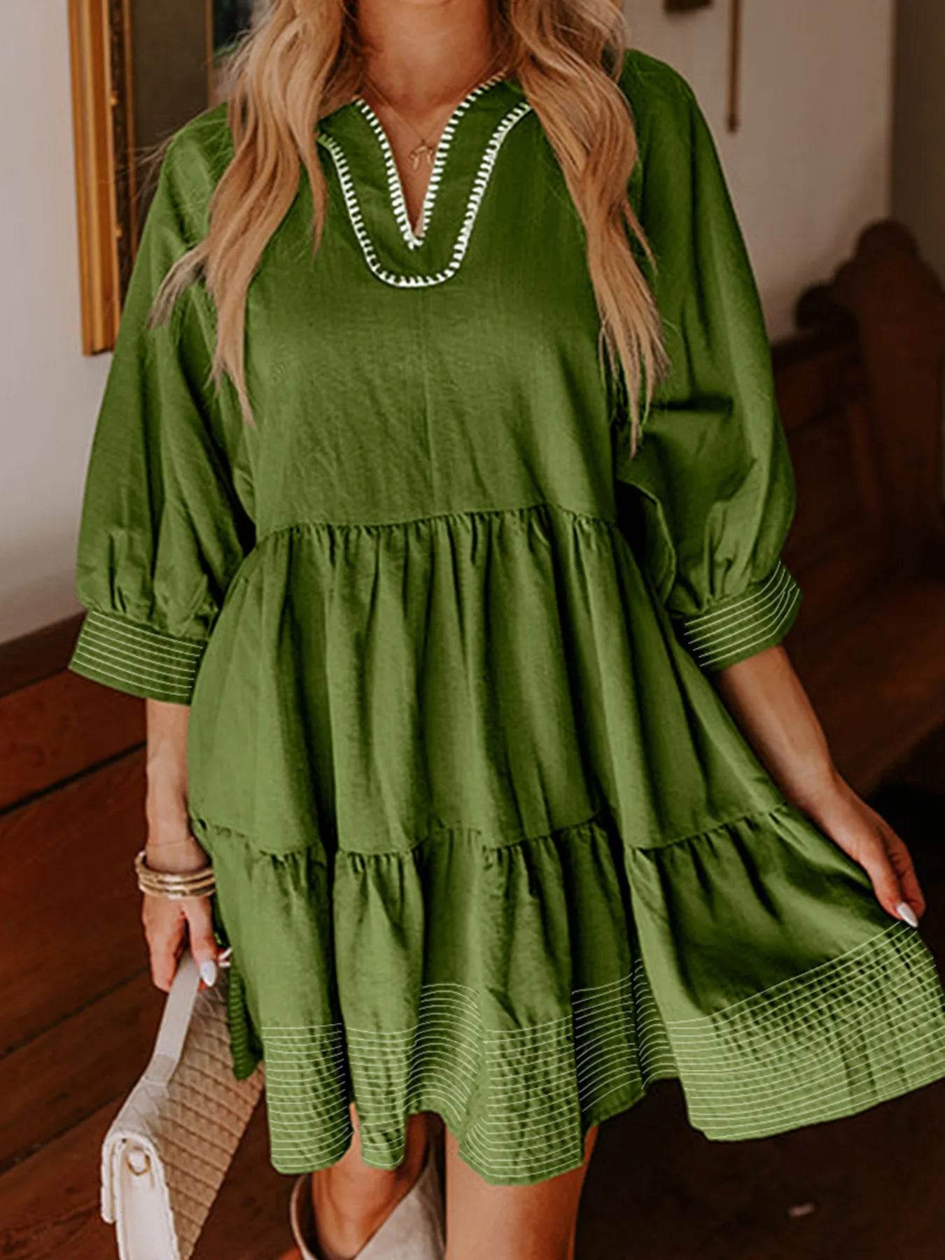 Striped Hem 3/4 Sleeve Tiered Dress - ELY VESSA LLC