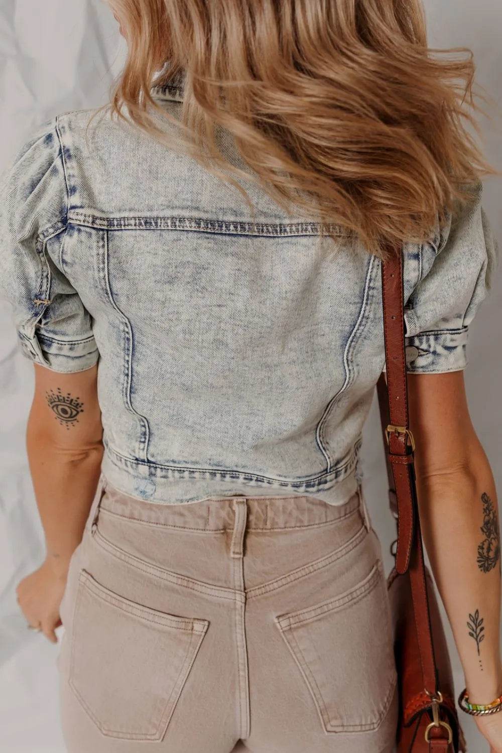 Wash Buttoned Chest Pocket Puff Sleeve Denim Jacket - ELY VESSA LLC