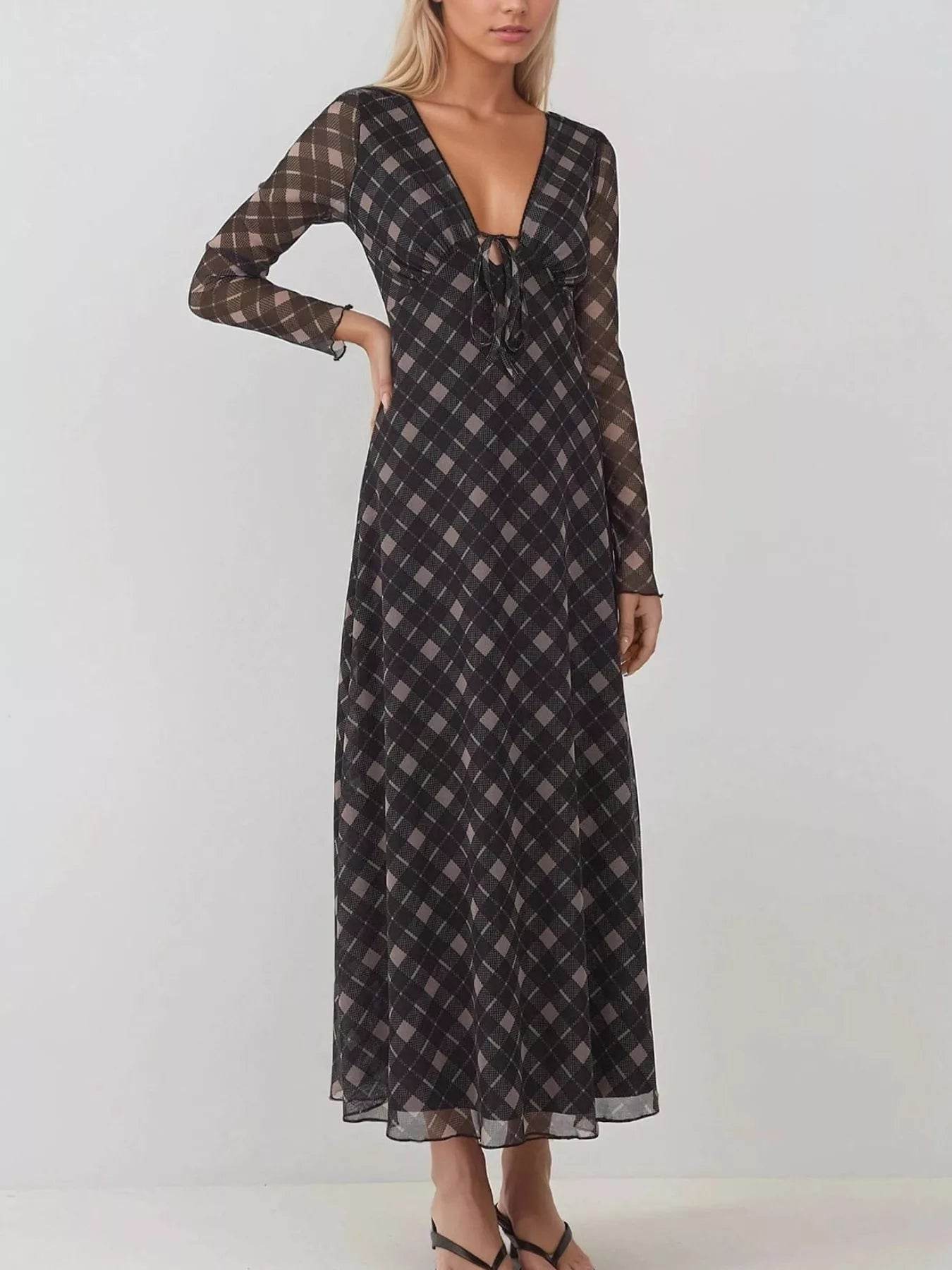Tie Front Plaid Long Sleeve Dress - ELY VESSA LLC