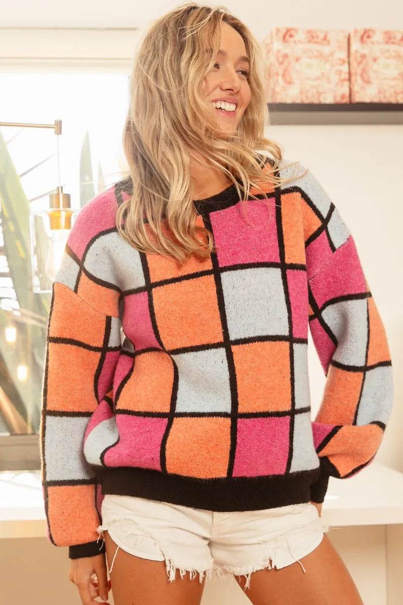 BiBi Multi Color Checker Pattern Sweater - ELY VESSA LLC