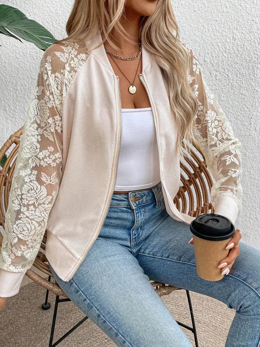 Lace Baseball Collar Zip Up Jacket - ELY VESSA LLC
