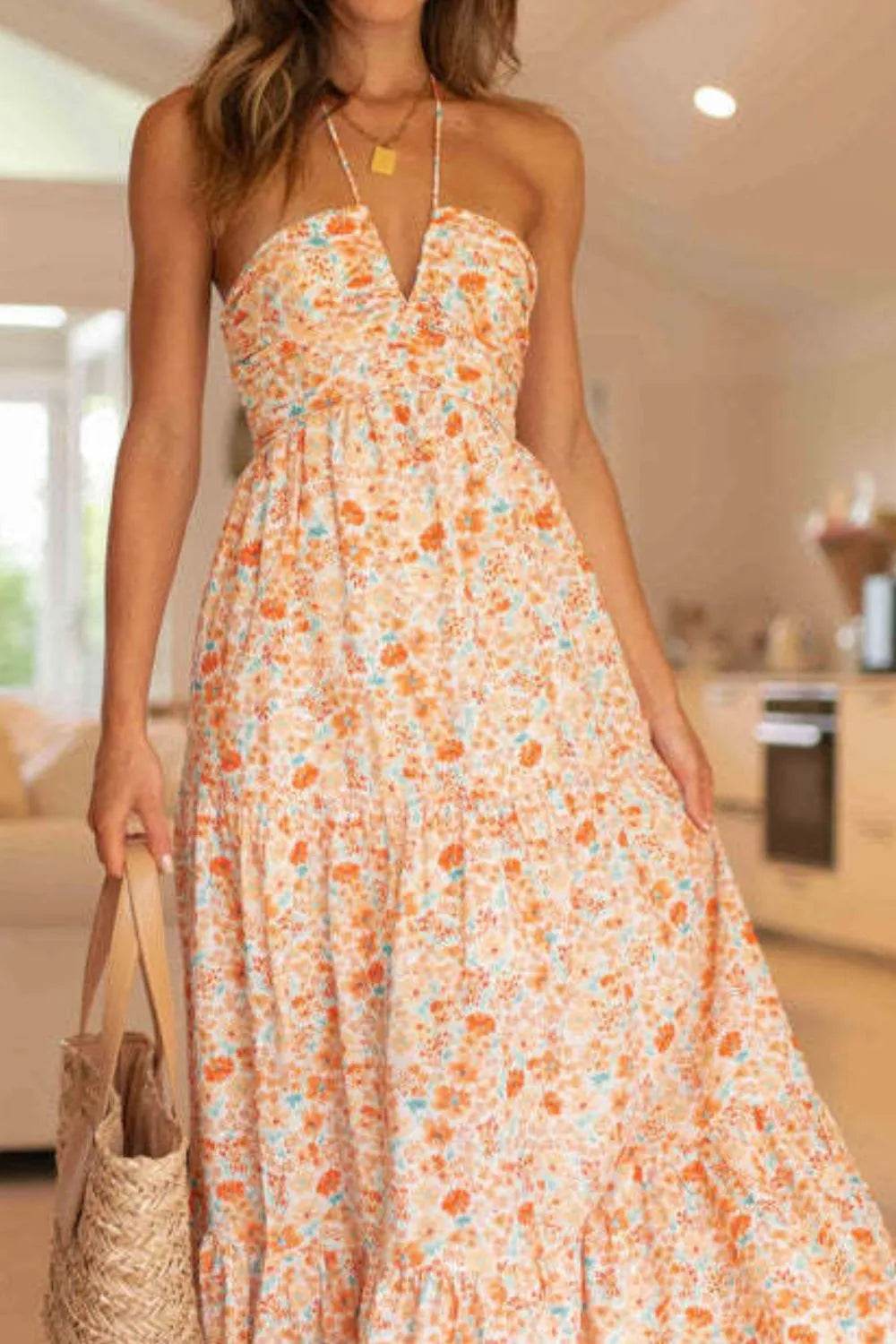 Floral Halter Neck Tiered Maxi Dress - ELY VESSA LLC