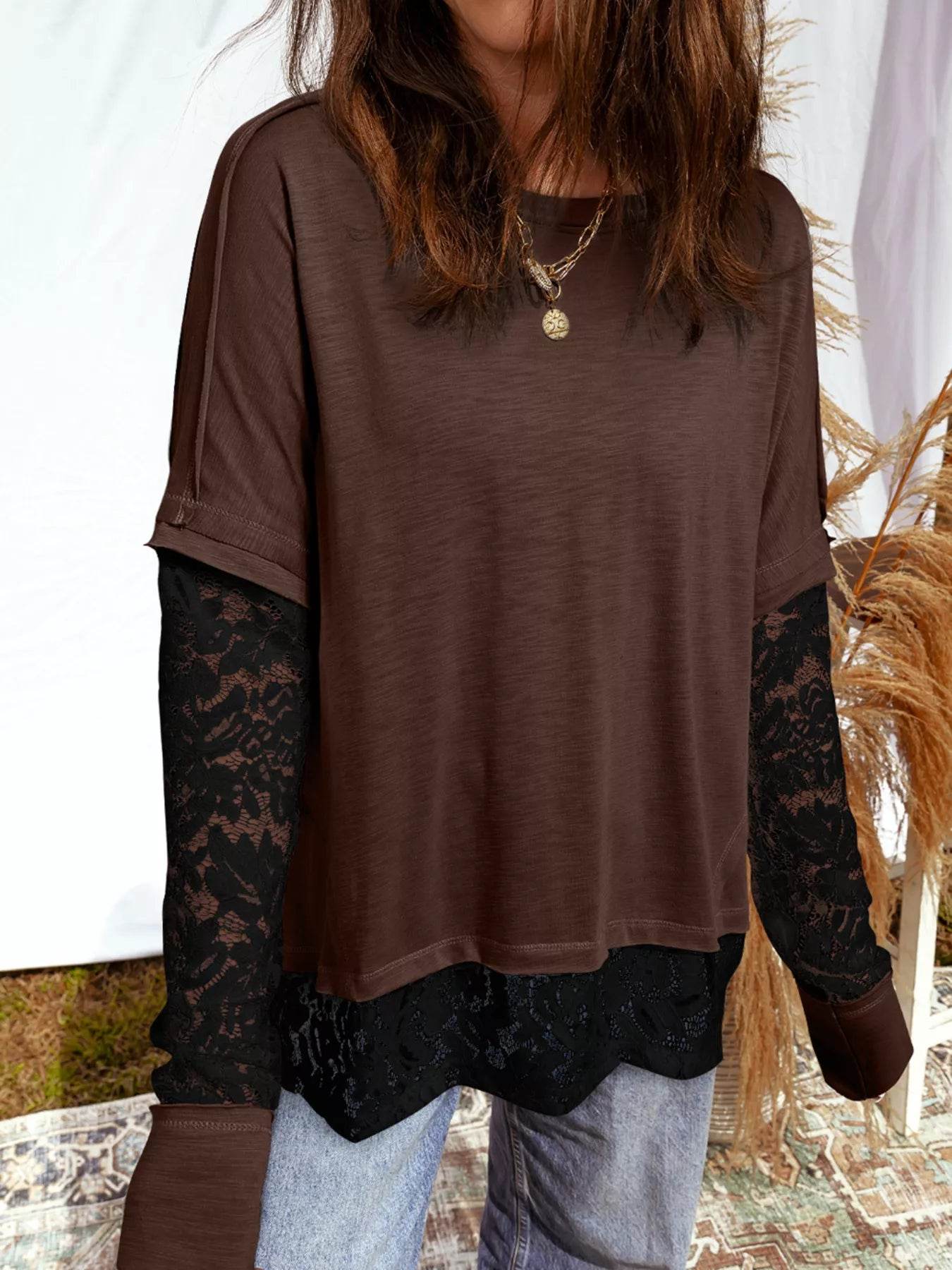 Sheer Lace Patchwork Casual Long Sleeve Top - ELY VESSA LLC