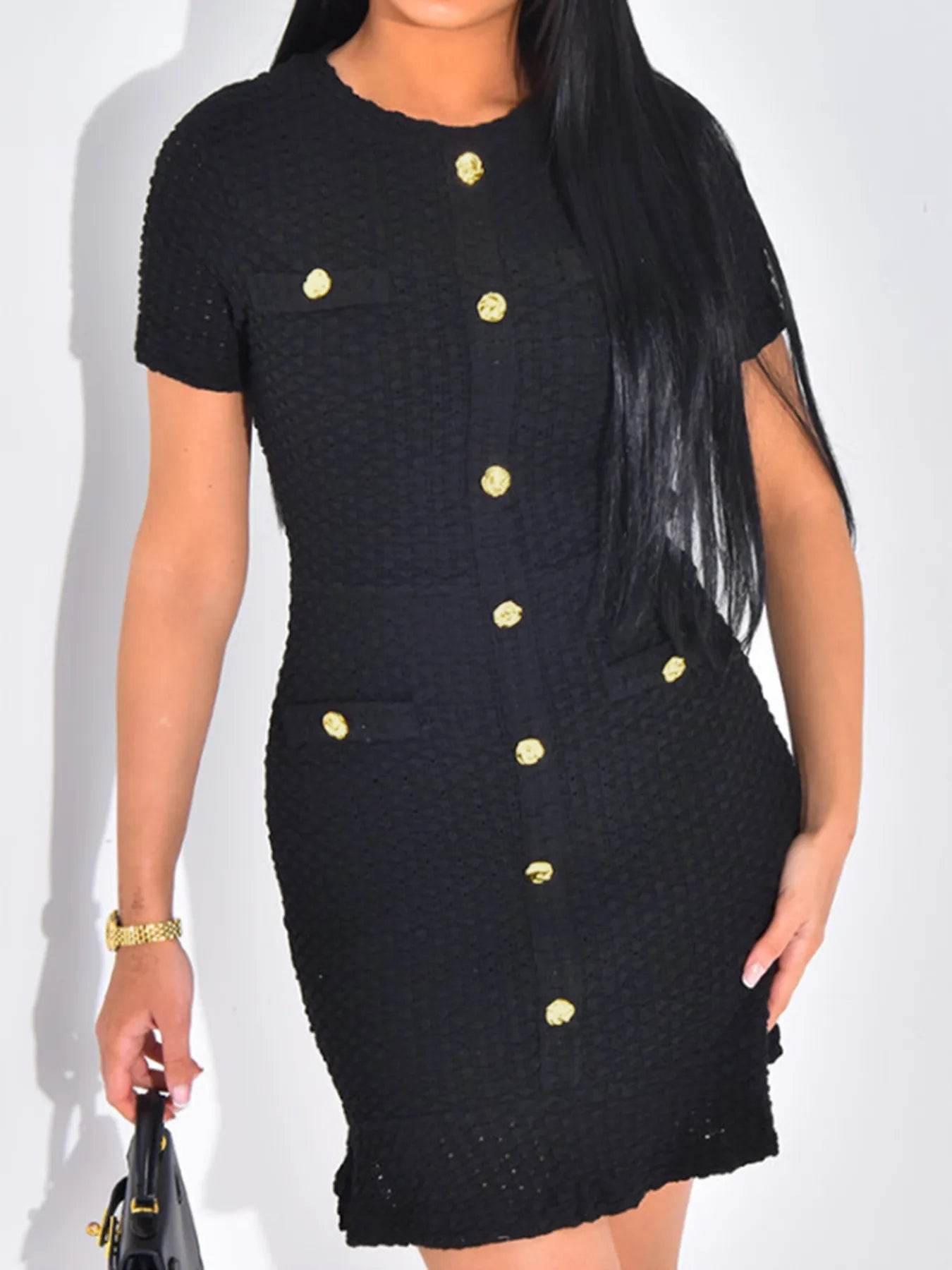 Button-Front Short Sleeve Textured Dress - ELY VESSA LLC