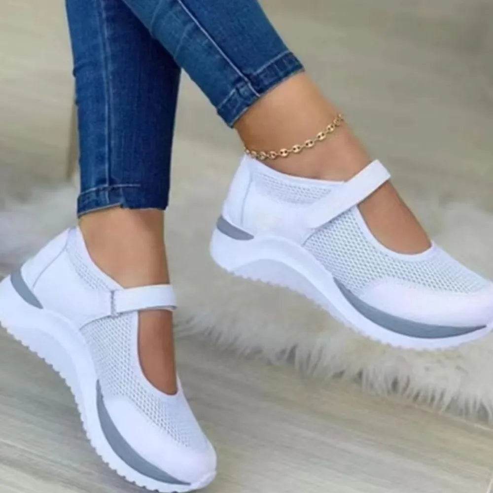 Velcro Strap Round-Toe Wedge Sneakers - ELY VESSA LLC