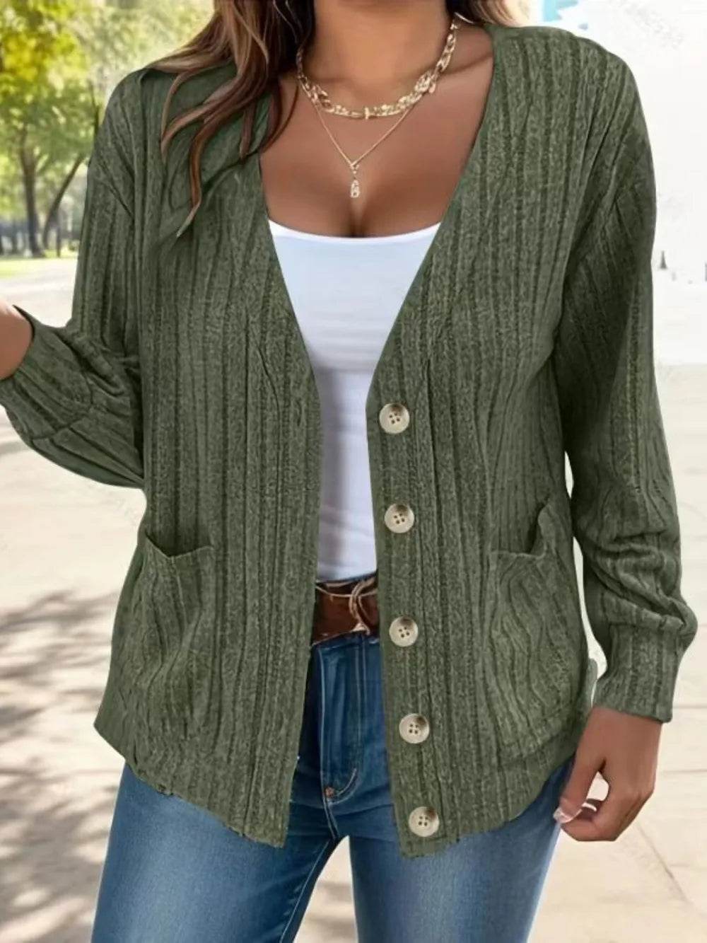 Full Size Button Up V-Neck Long Sleeve Cardigan - ELY VESSA LLC