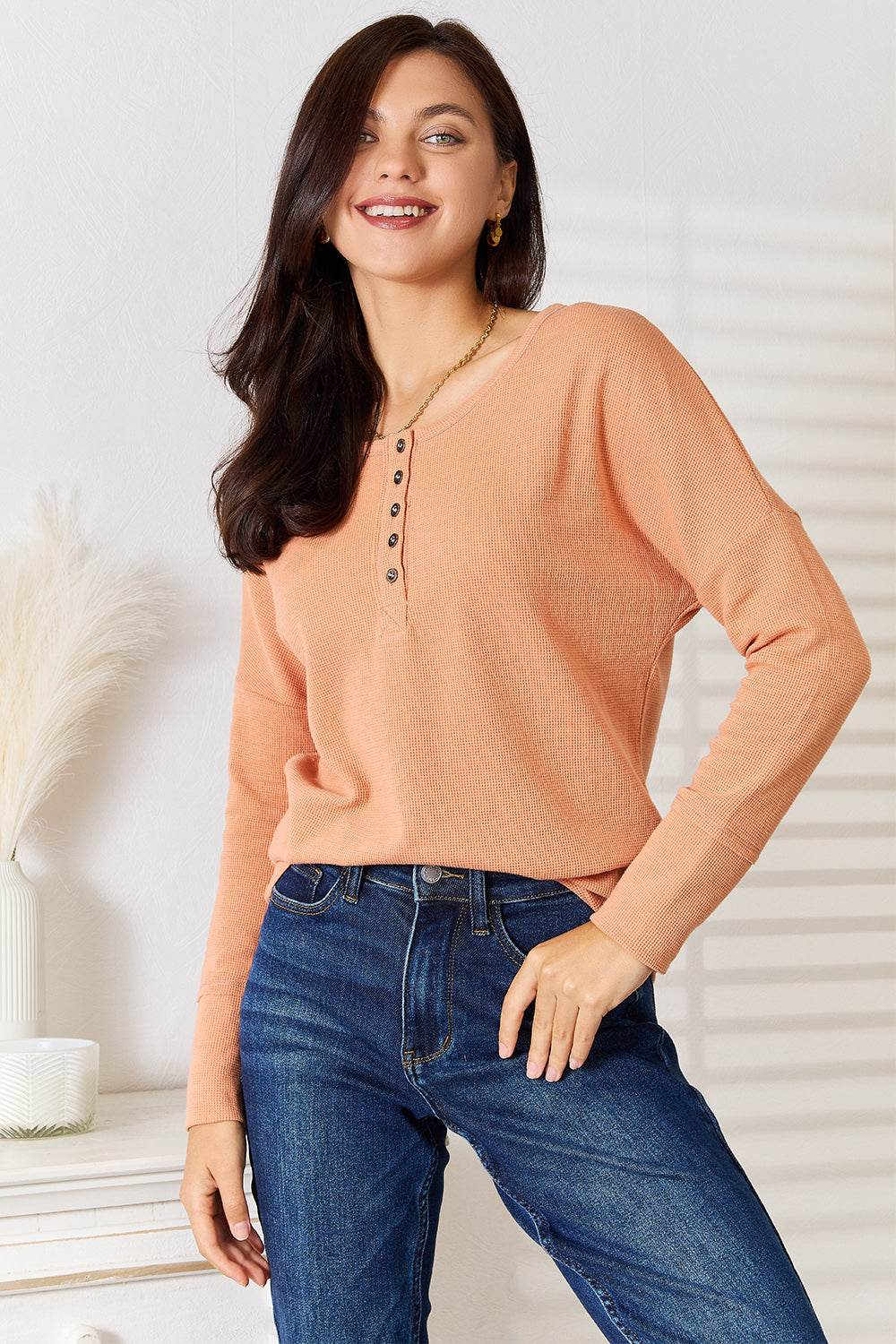 Basic Bae Half Button Long Sleeve Top - ELY VESSA LLC