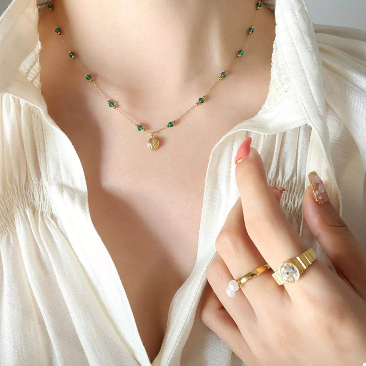 18K Gold-Plated Titanium Steel Crystal Bead Pendant Necklace - ELY VESSA LLC