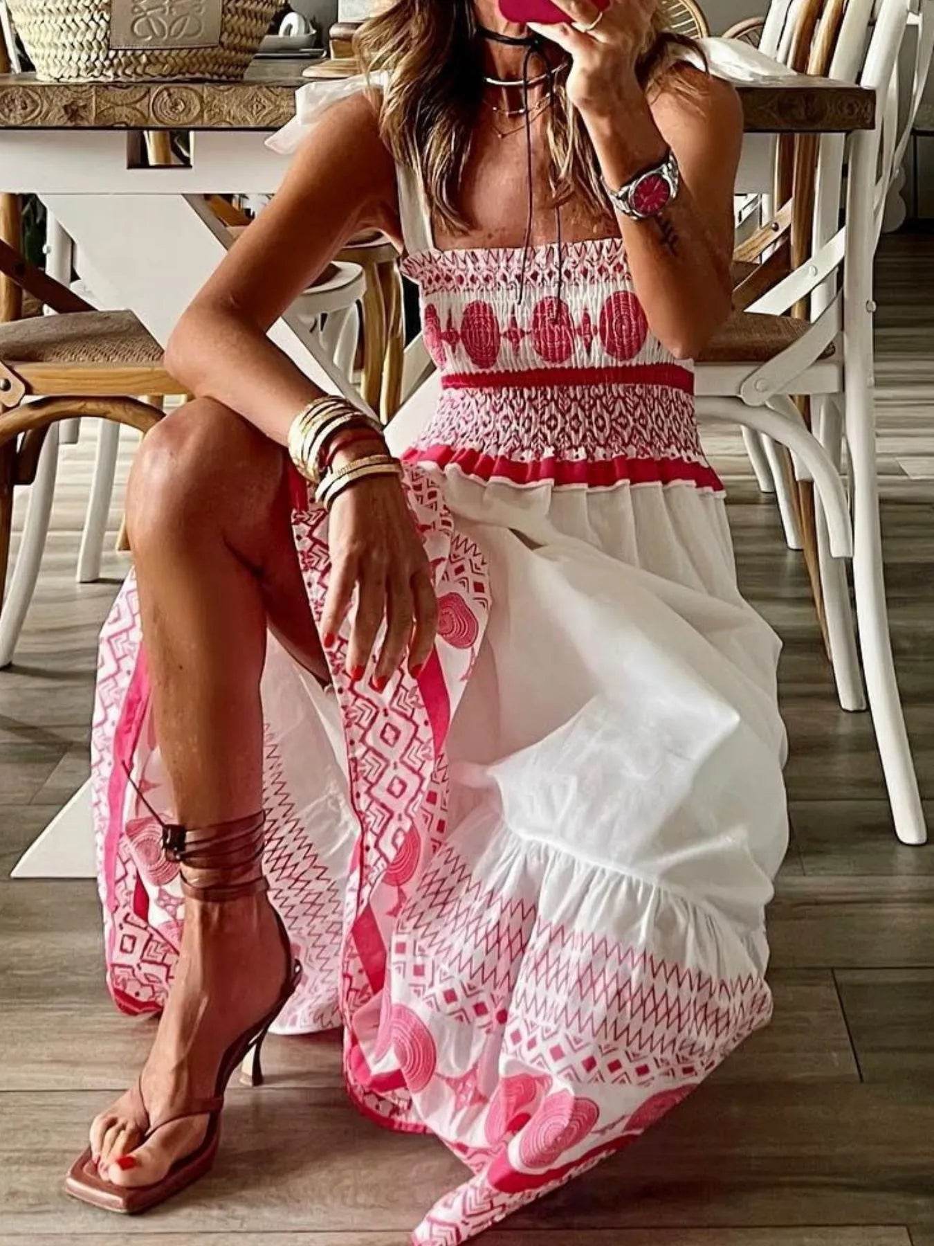 Smocked Printed Tie Shoulder Maxi Dress - ELY VESSA LLC