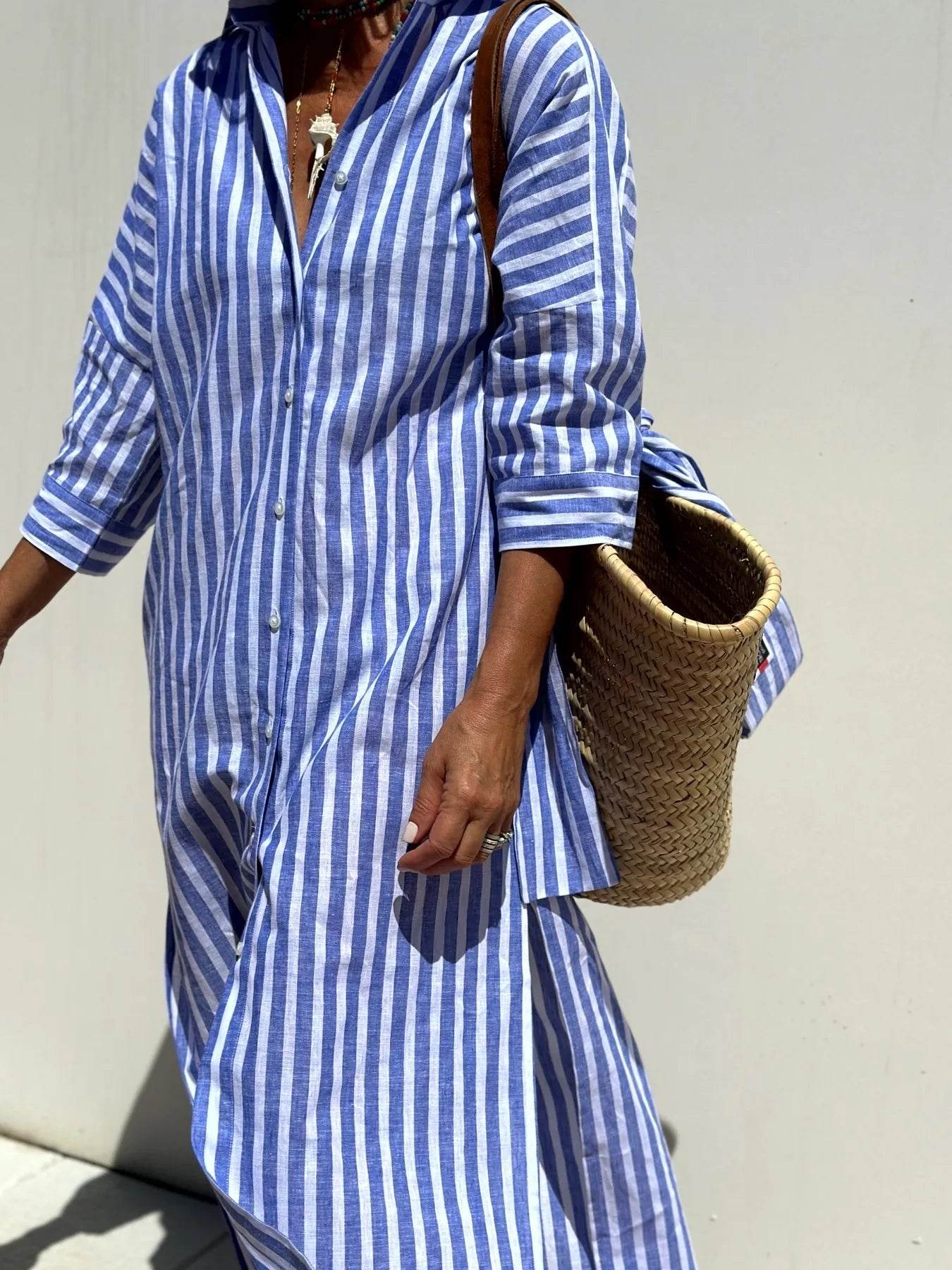 Striped Long Sleeve Shirt Dress - ELY VESSA LLC