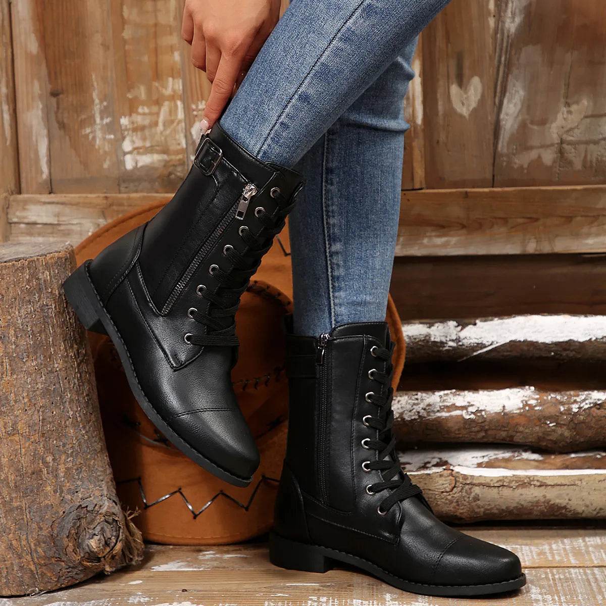 Round Toe Lace Up Block Heels Boots - ELY VESSA LLC