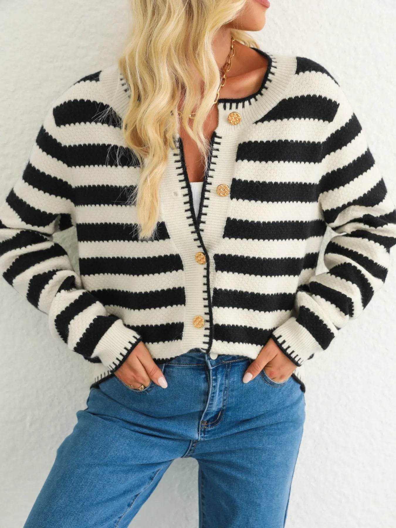 Button Down Striped Long Sleeve Cardigan - ELY VESSA LLC