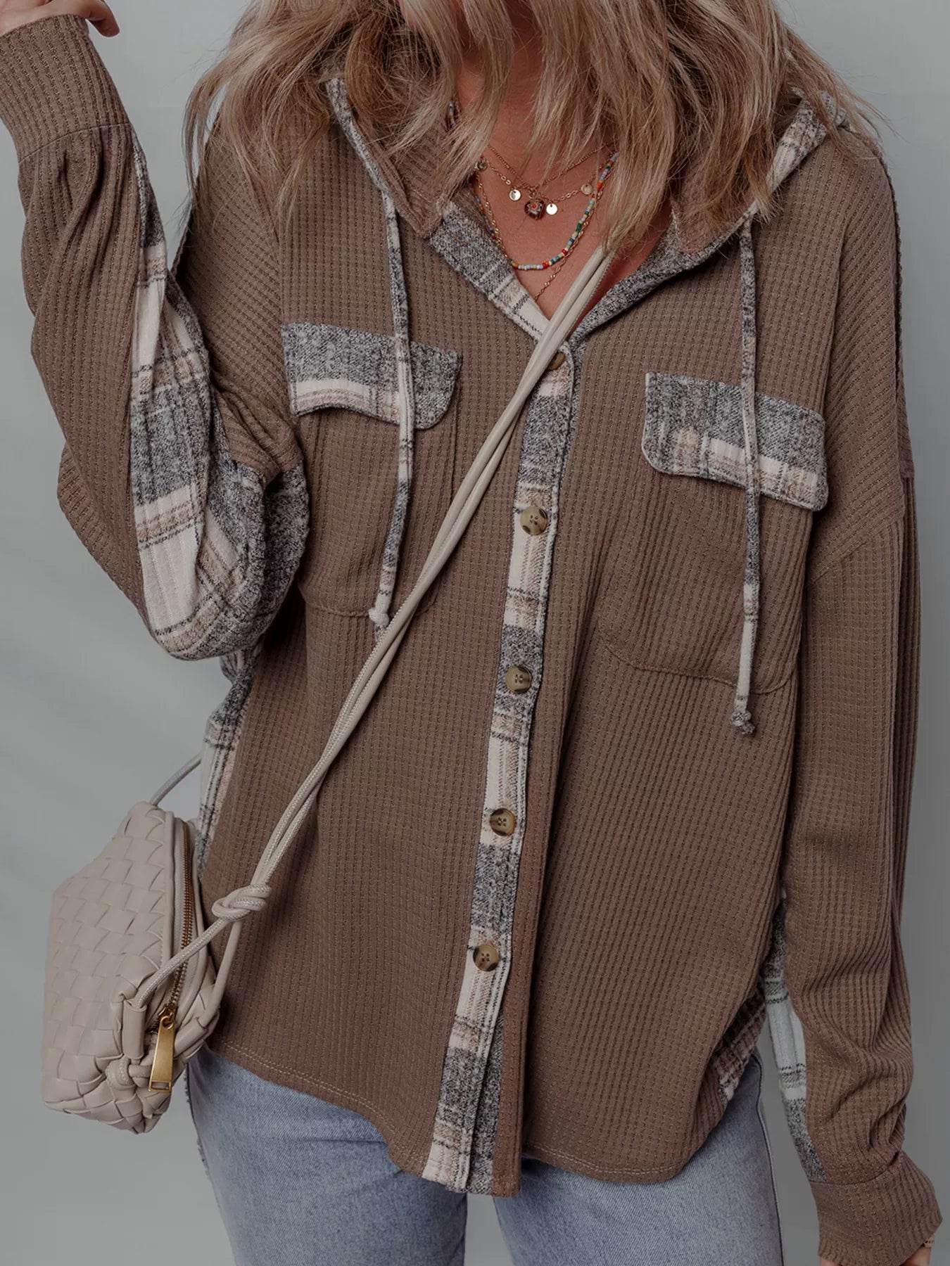 Plaid Patchwork Button Down Drawstring Hooded Shacket - ELY VESSA LLC