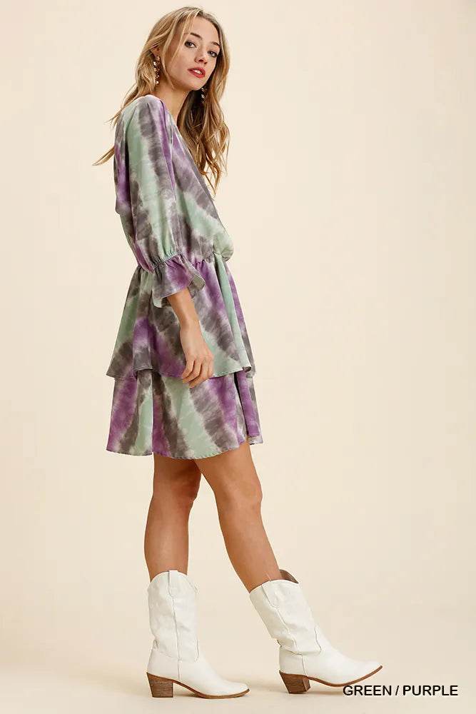 Umgee Tie Dye Ruffled Layered Dress with Elastic Waistband - ELY VESSA LLC