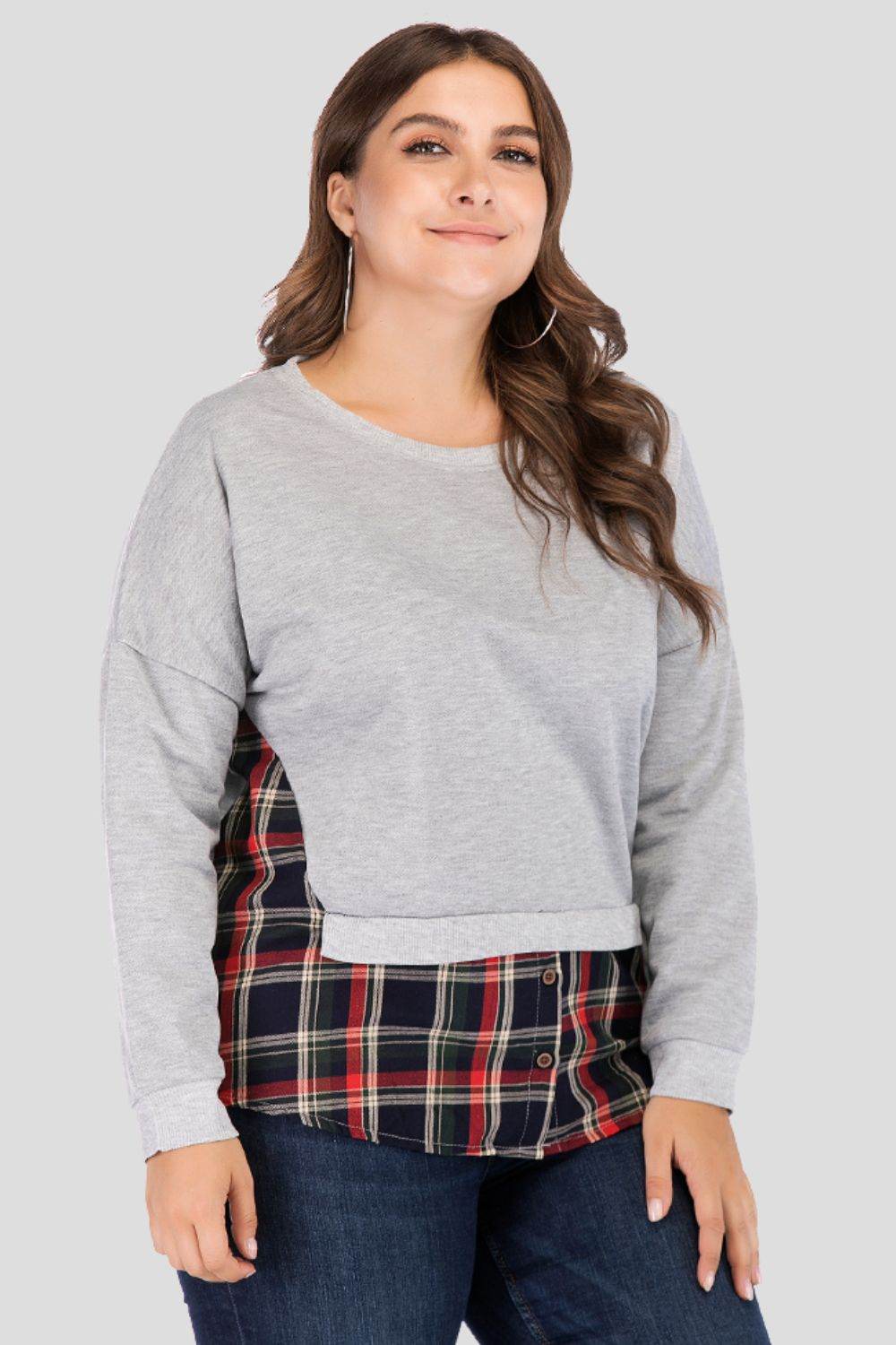 Full Size Plaid Patch Drop Shoulder Round Neck Top - ELY VESSA LLC