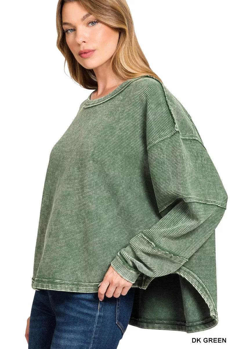 Zenana Acid Washed Exposed-Seam Sweatshirt - ELY VESSA LLC