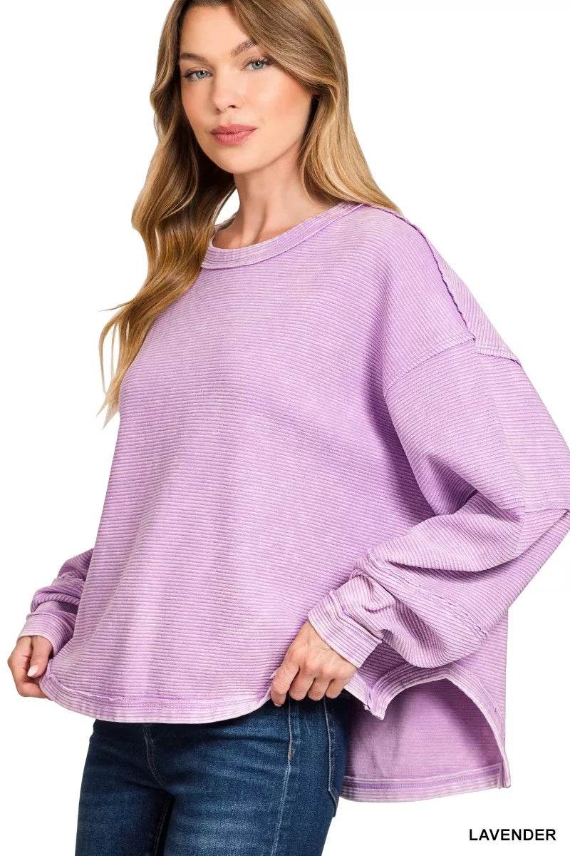 Zenana Acid Washed Exposed-Seam Sweatshirt - ELY VESSA LLC