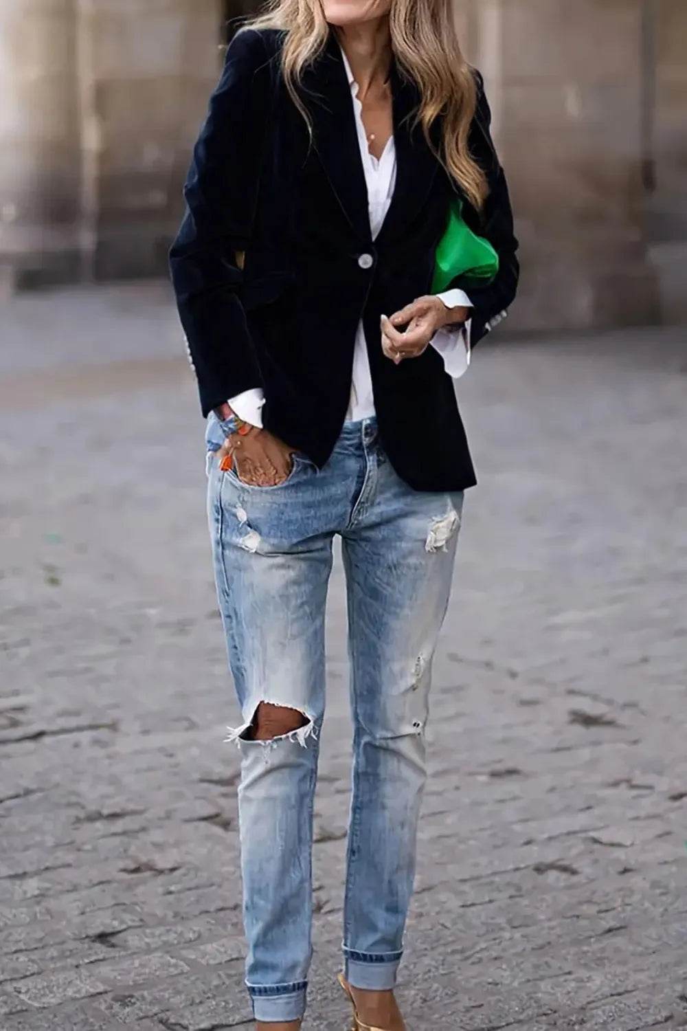 One Button Lapel Collar Long Sleeve Blazer - ELY VESSA LLC