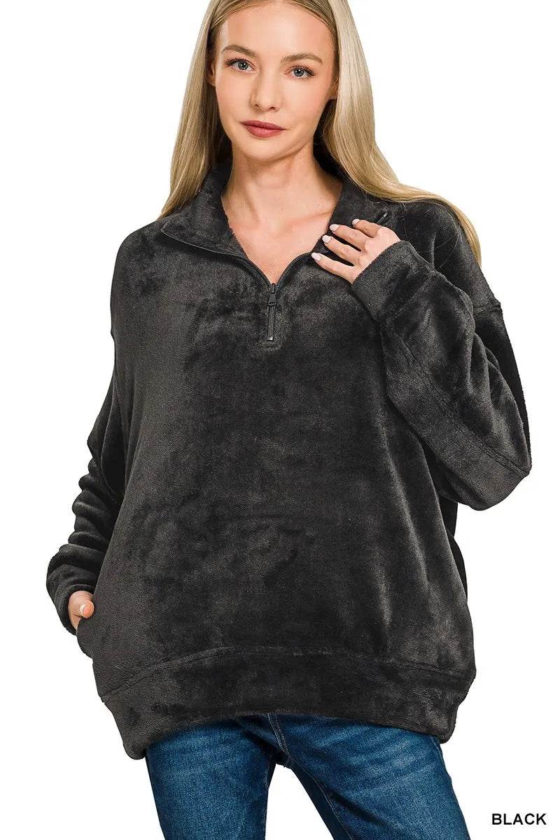 Zenana Faux Fur Half Zip Pocket Pullover - ELY VESSA LLC