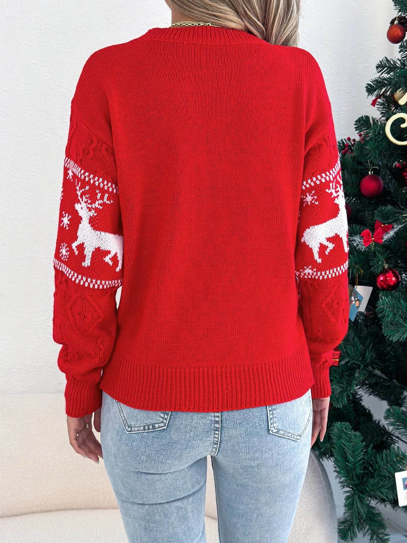 Christmas Reindeer Round Neck Sweater - ELY VESSA LLC