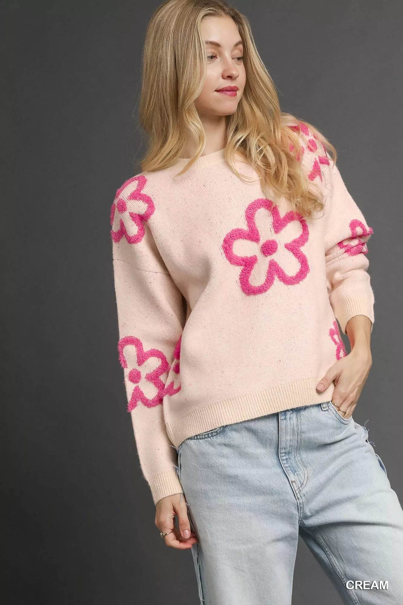 Umgee Round Neck Sweater with Pink Floral Accents - ELY VESSA LLC