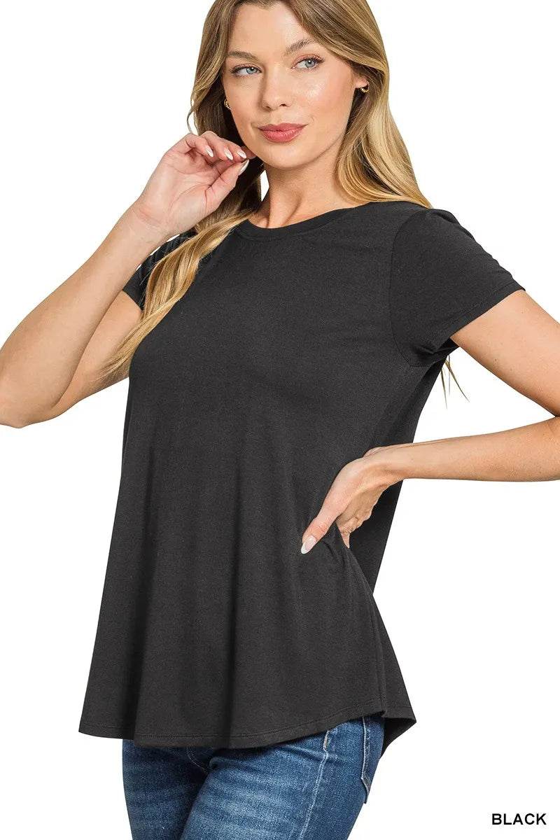 Zenana Flowy Round Hem Rayon Short Sleeve T-Shirt - ELY VESSA LLC