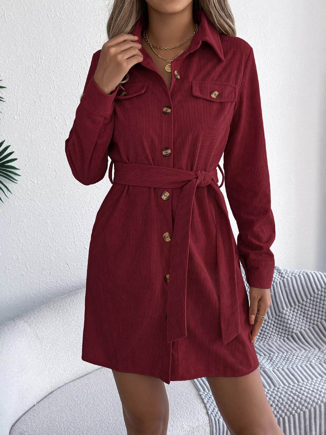 Button-Front Corduroy Shirt Dress - ELY VESSA LLC