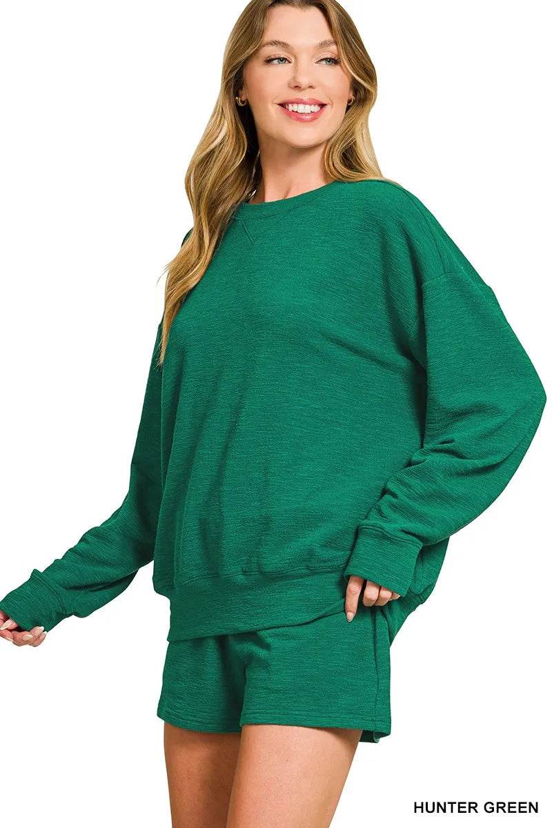 Zenana Slub Long Sleeve Top and Shorts Set - ELY VESSA LLC