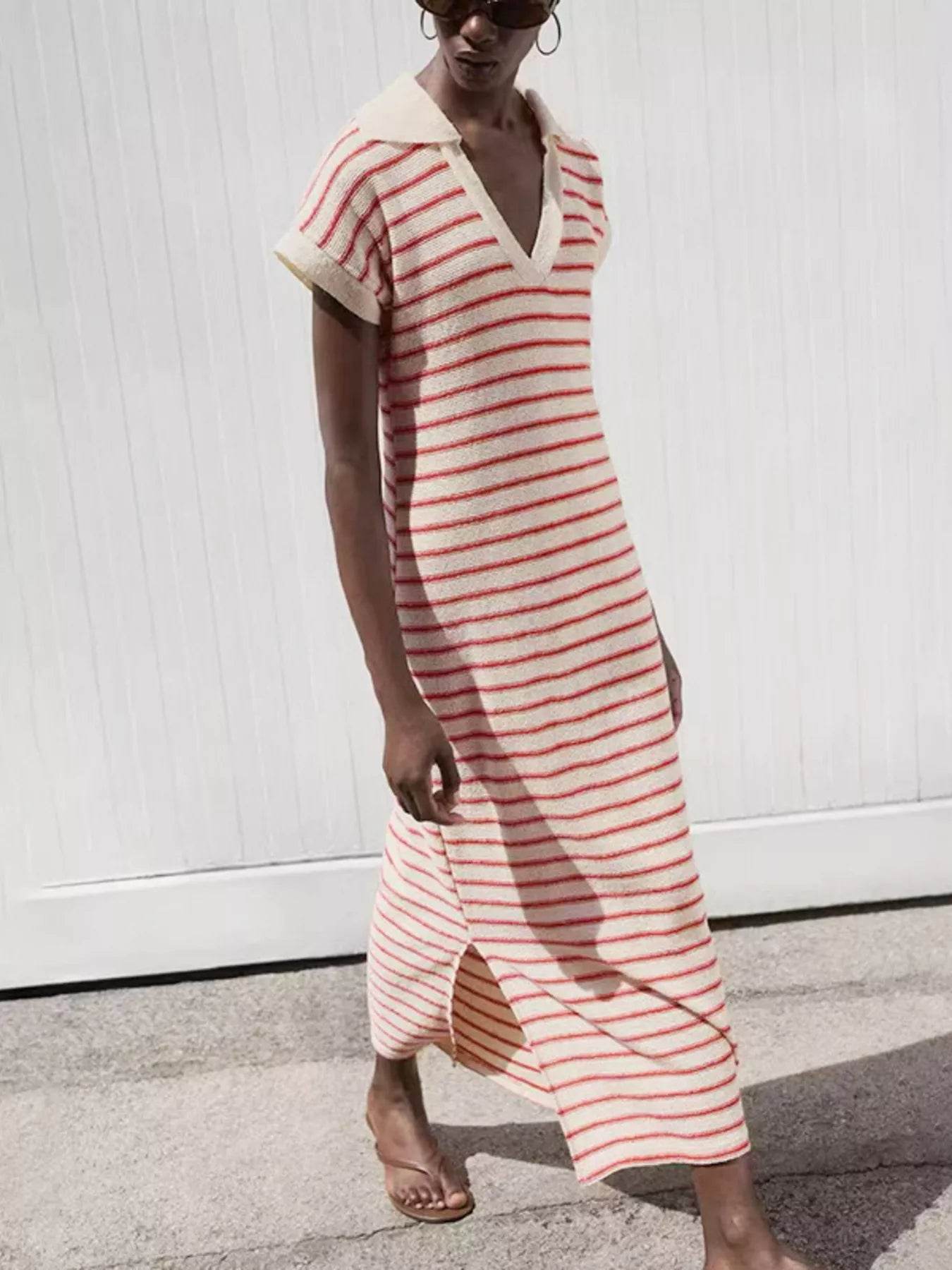 Striped Slit Short Sleeve Maxi Dress - ELY VESSA LLC