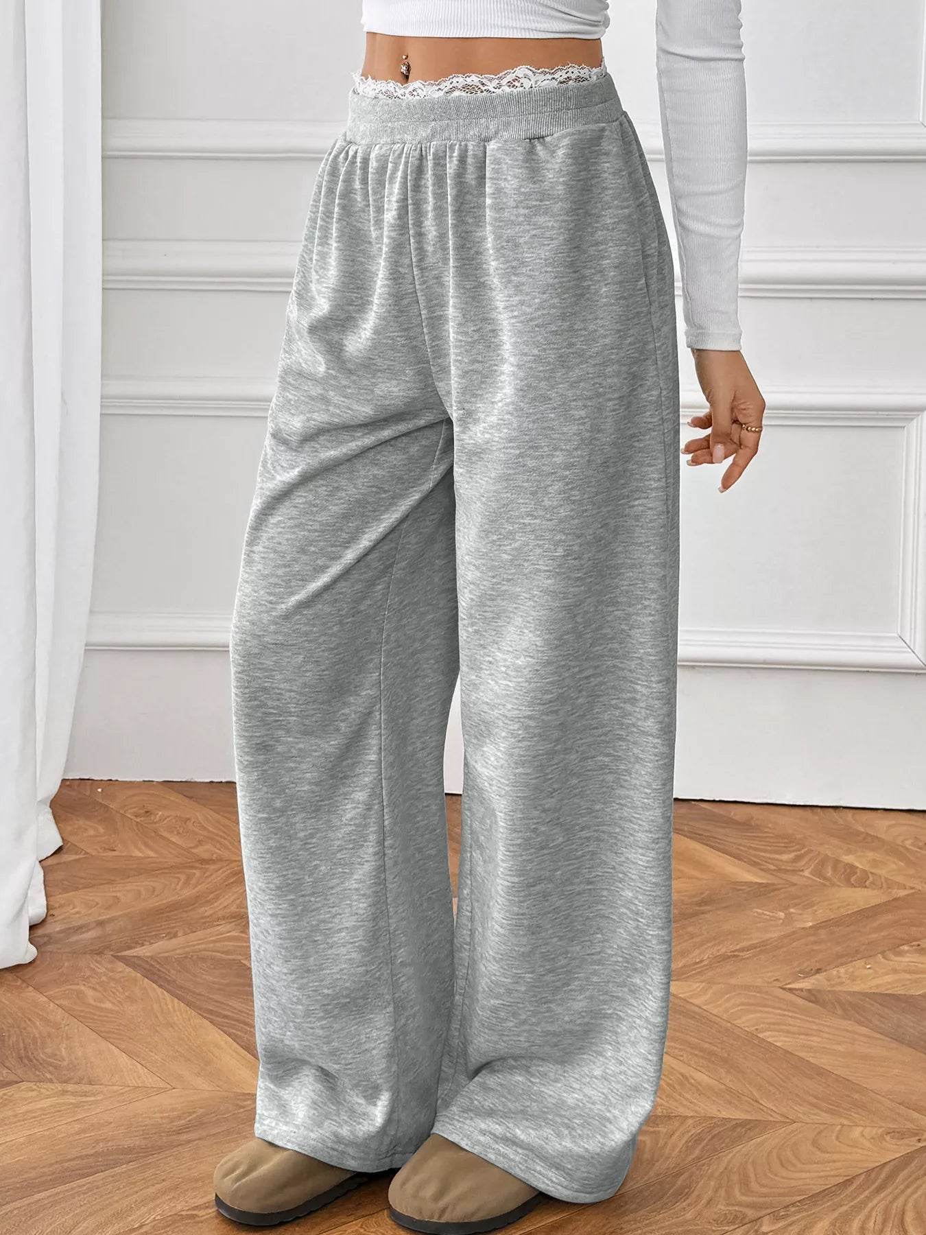 Lace Detail Wide Leg Casual Pants - ELY VESSA LLC