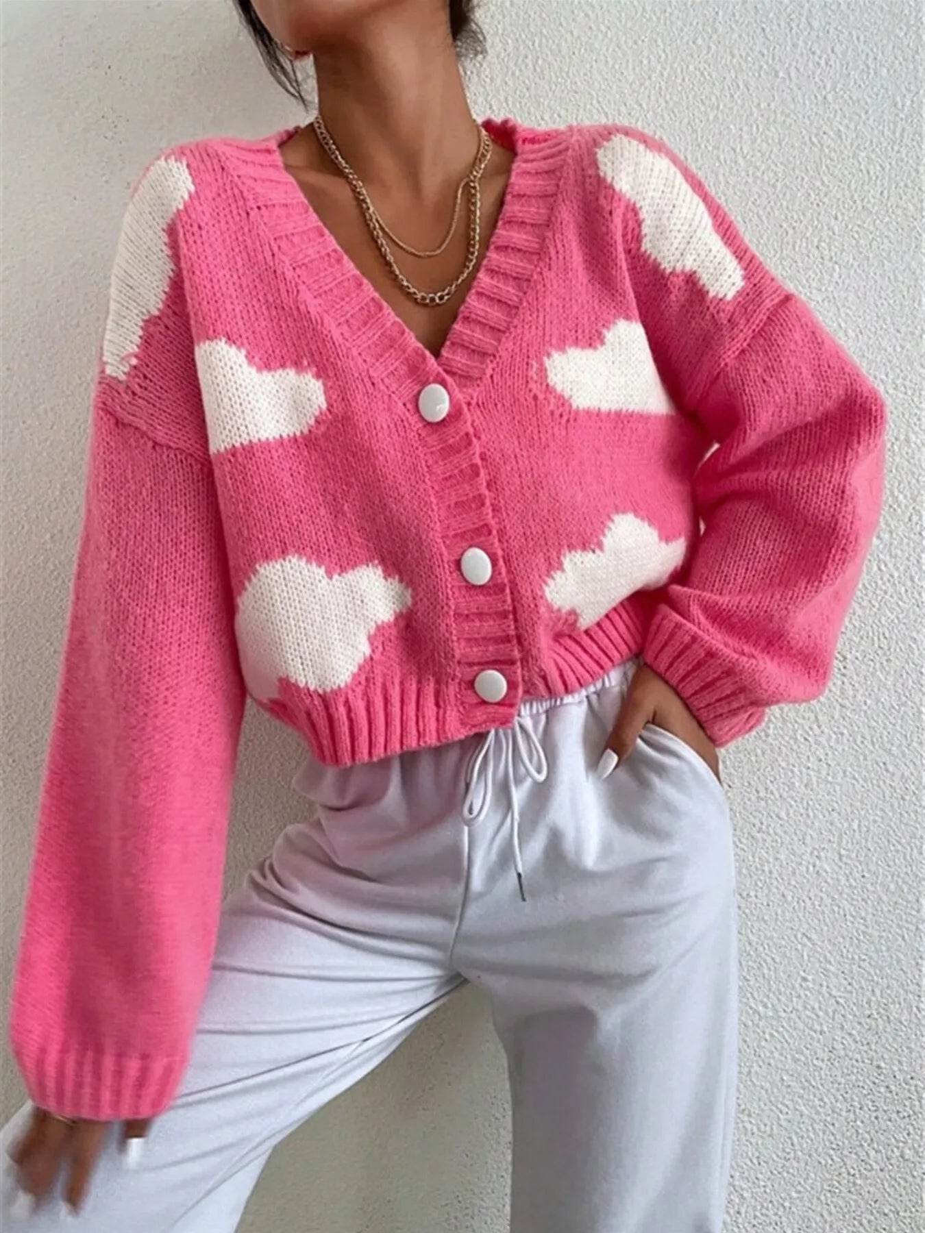 Contrast Cloud Pattern Cropped Button-Up Cardigan - ELY VESSA LLC