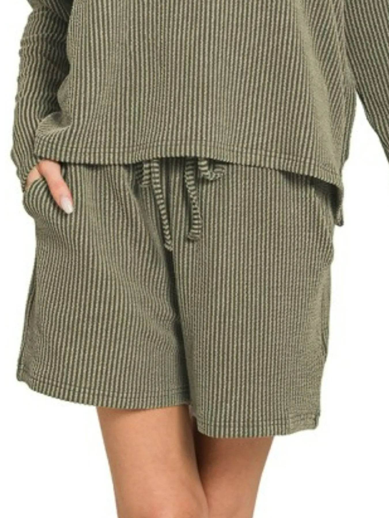 Zenana Corded Rib Long Sleeve Tee and Shorts Set - ELY VESSA LLC