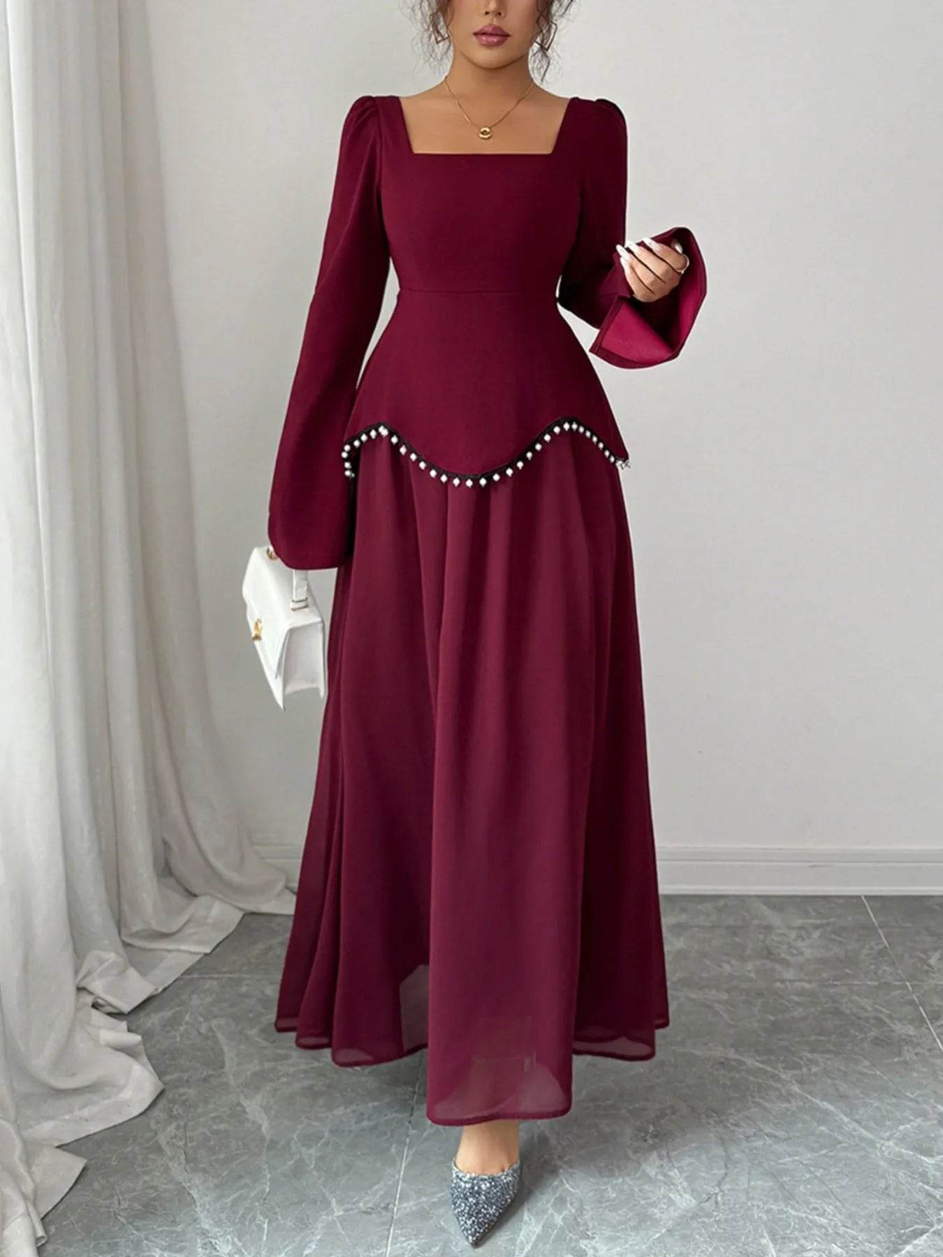 Square Neck Long Sleeve Maxi Dress - ELY VESSA LLC
