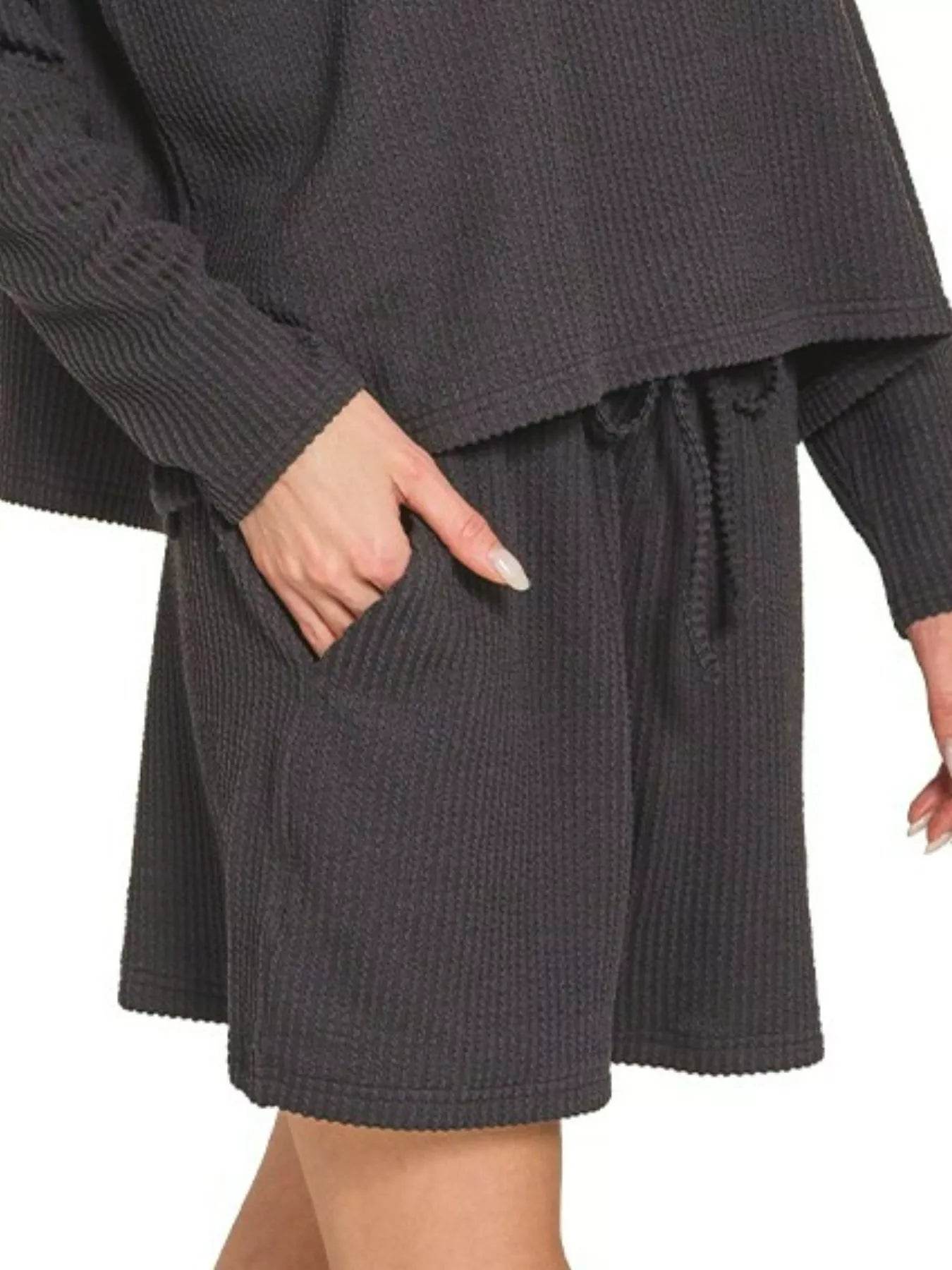 Zenana Corded Rib Long Sleeve Tee and Shorts Set - ELY VESSA LLC
