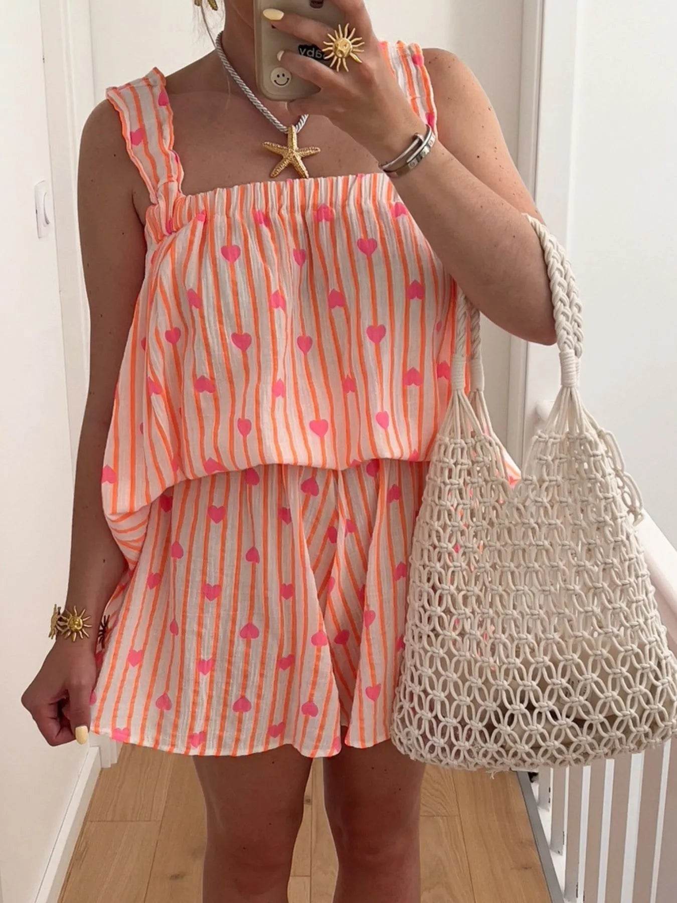 Striped Heart Cami Top and Shorts Set - ELY VESSA LLC