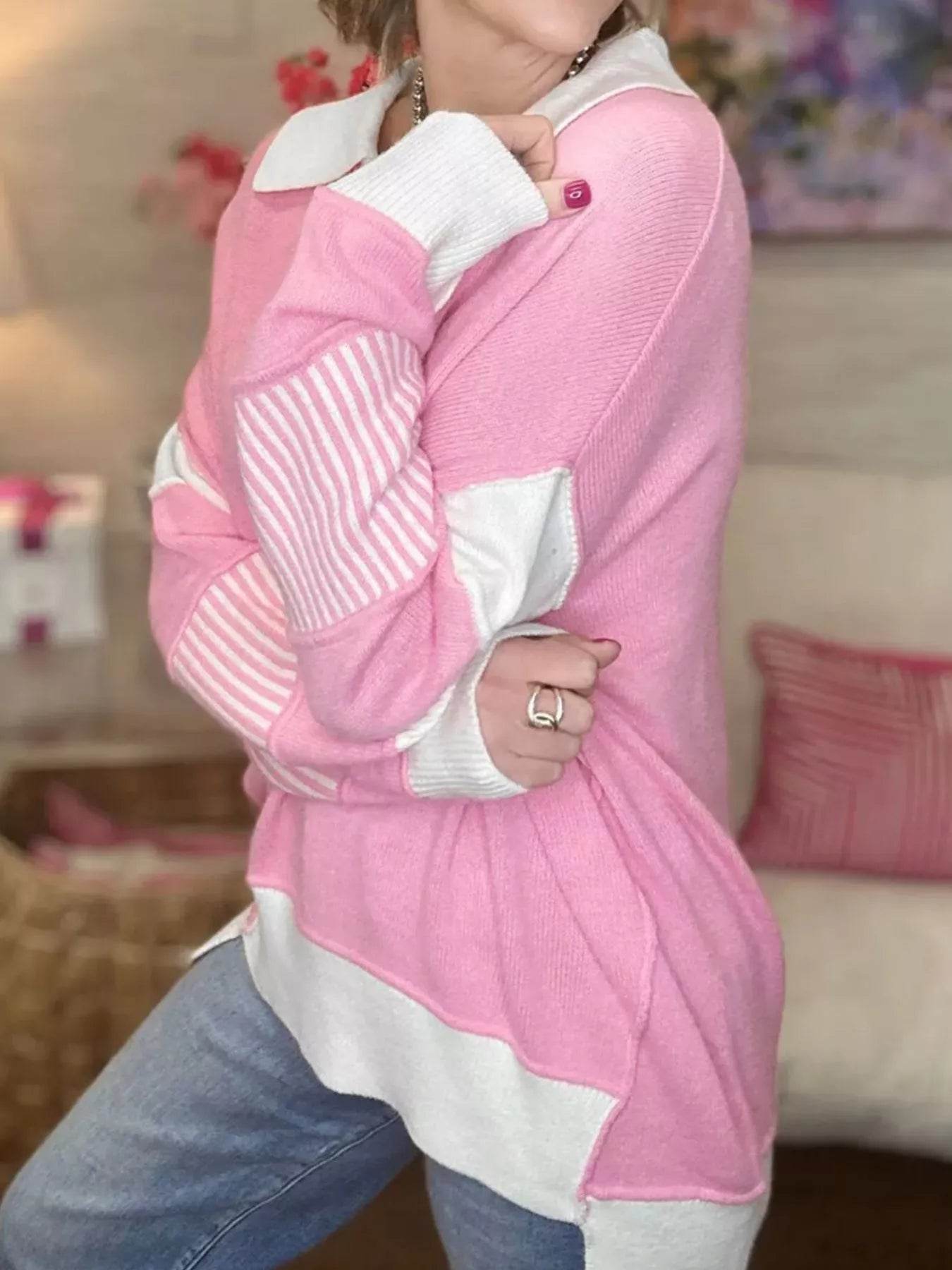Contrasting Polo Collar Color Block Knit Drop Shoulder Sweater - ELY VESSA LLC