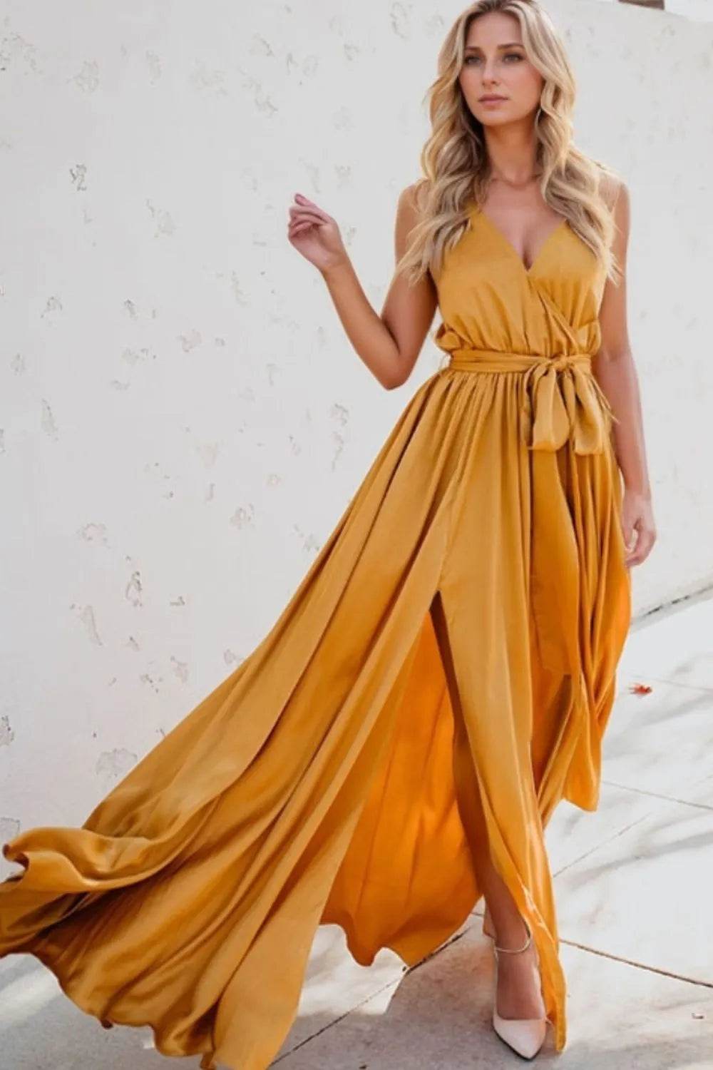 Surplice Tie Waist Maxi Dress - ELY VESSA LLC