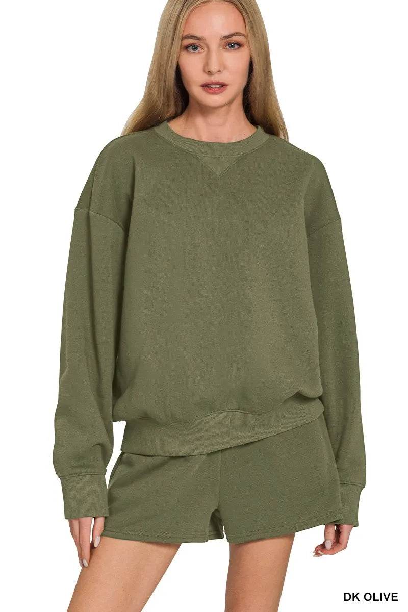 Zenana Fleece Long Sleeve Sweatshirts & Shorts Set - ELY VESSA LLC