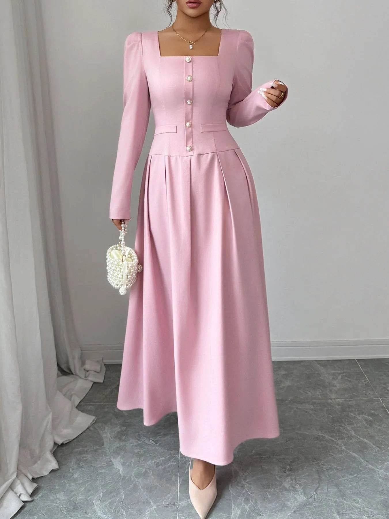 Square Neck Long Sleeve Maxi Dress - ELY VESSA LLC
