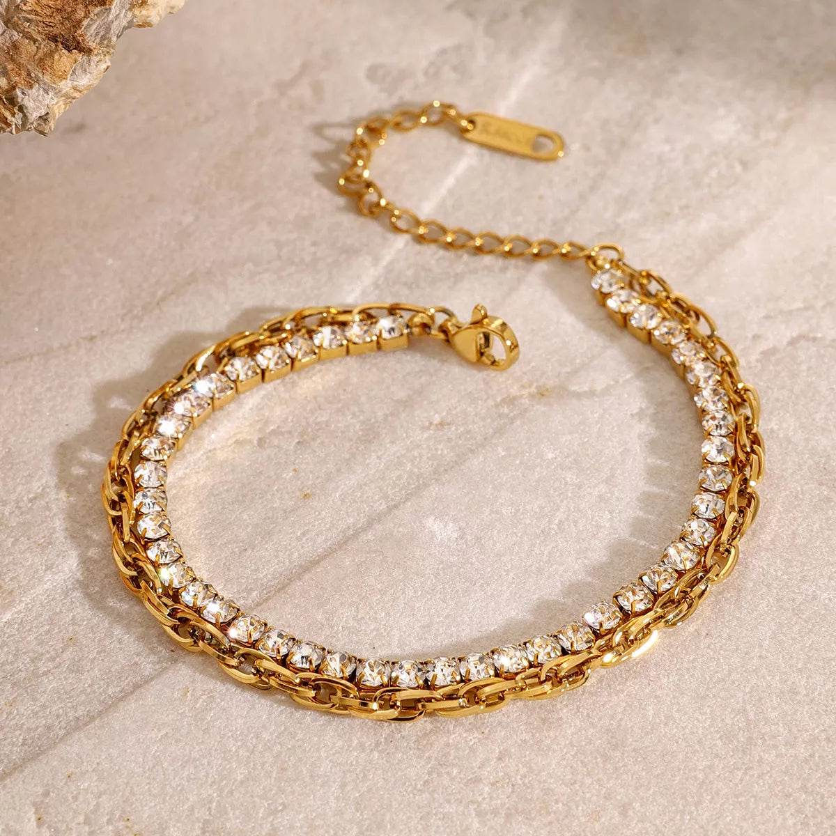 18K Gold-Plated Rhinestone Double Layered Bracelet - ELY VESSA LLC