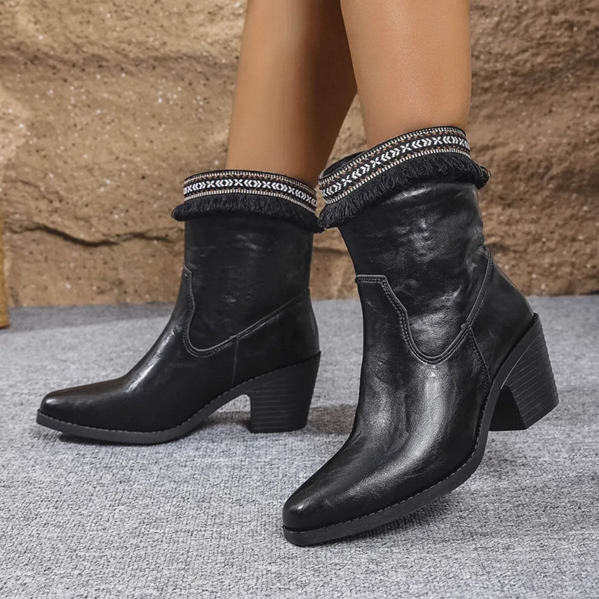 Western Embroidered Trim Boots with Block Heel - ELY VESSA LLC